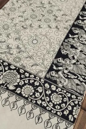 Black & White Hand Painted Kalamkari Banglore Silk Dupatta