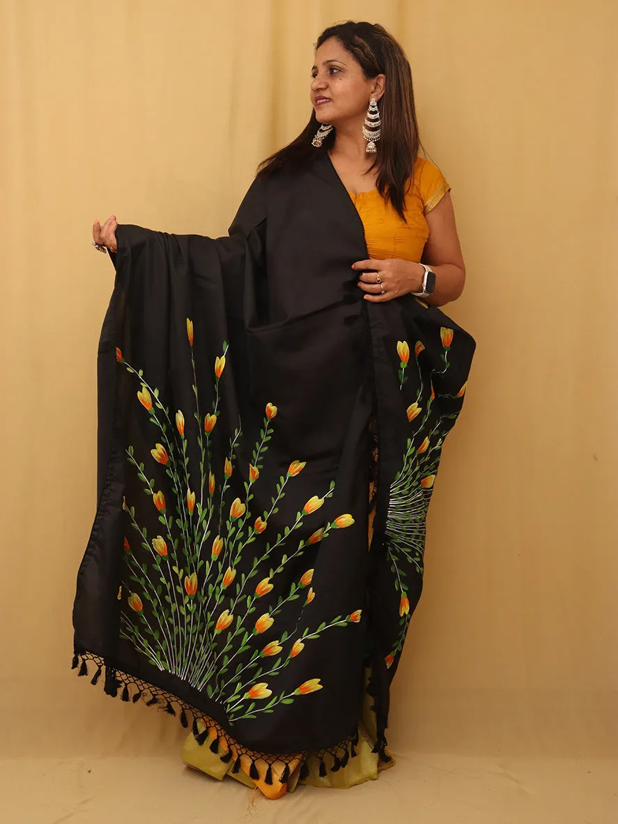 Black Hand Painted Recycled Fabric Dupatta