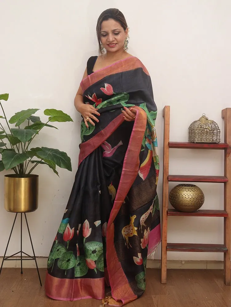 Black Hand Painted Tussar Silk Saree