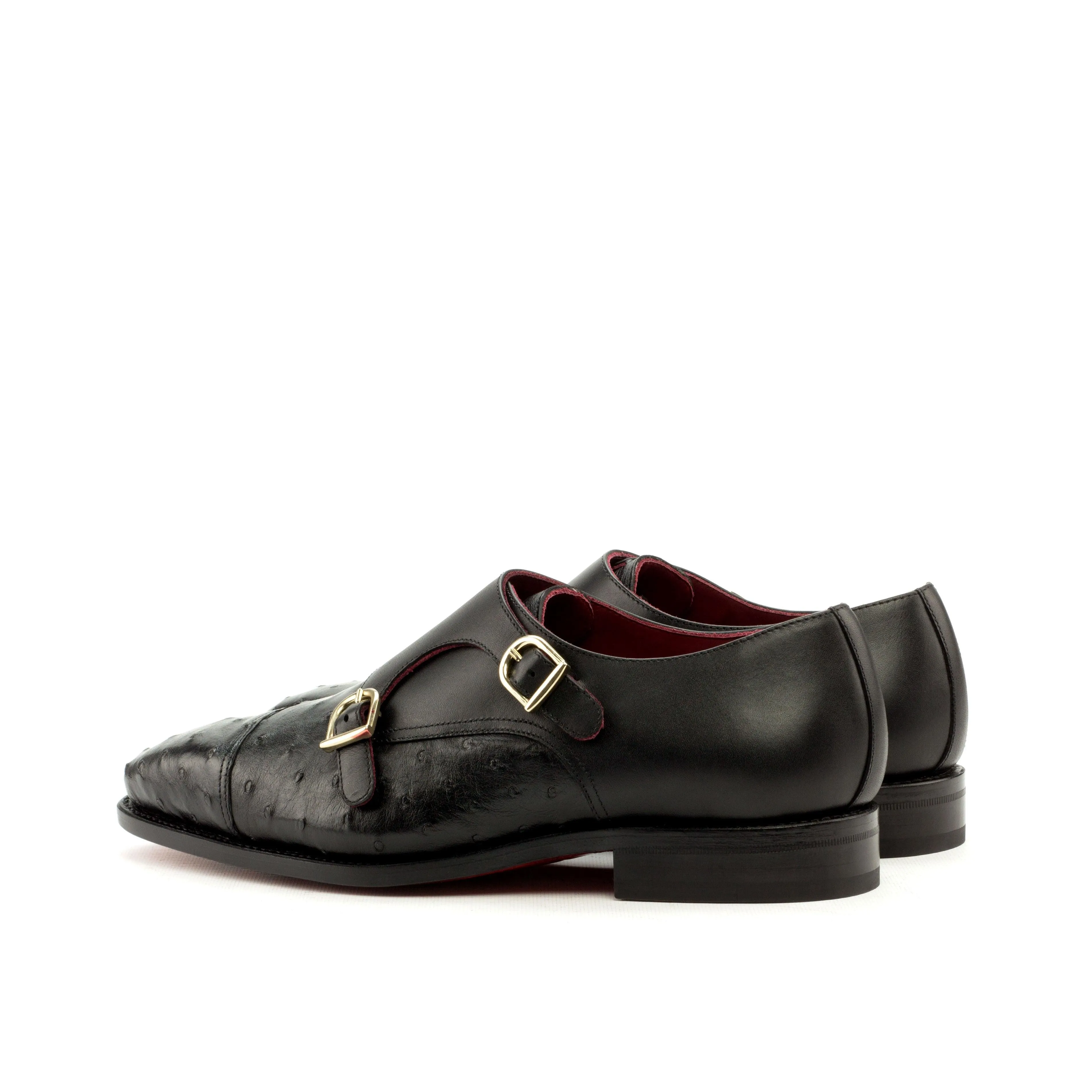 Black Ostrich Leather Double Monk