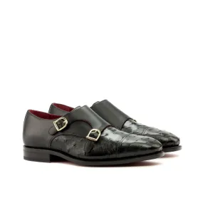 Black Ostrich Leather Double Monk