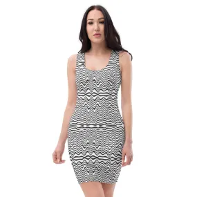 Black White Wavy Sleeveless Dress, Abstract Waves Designer 1-pc Women's Dress - Made in USA/EU/MX