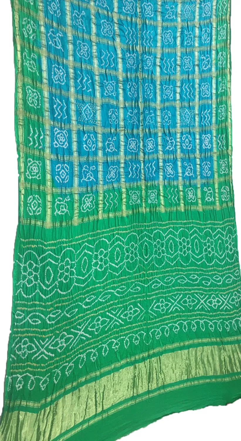 Blue And Green Checks Bandhani Pure Gajji Silk Gharchola Saree