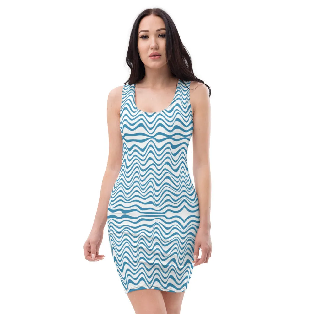 Blue Wavy Women's Dress, Abstract Waves Designer 1-pc Women's Dress - Made in USA/EU/MX