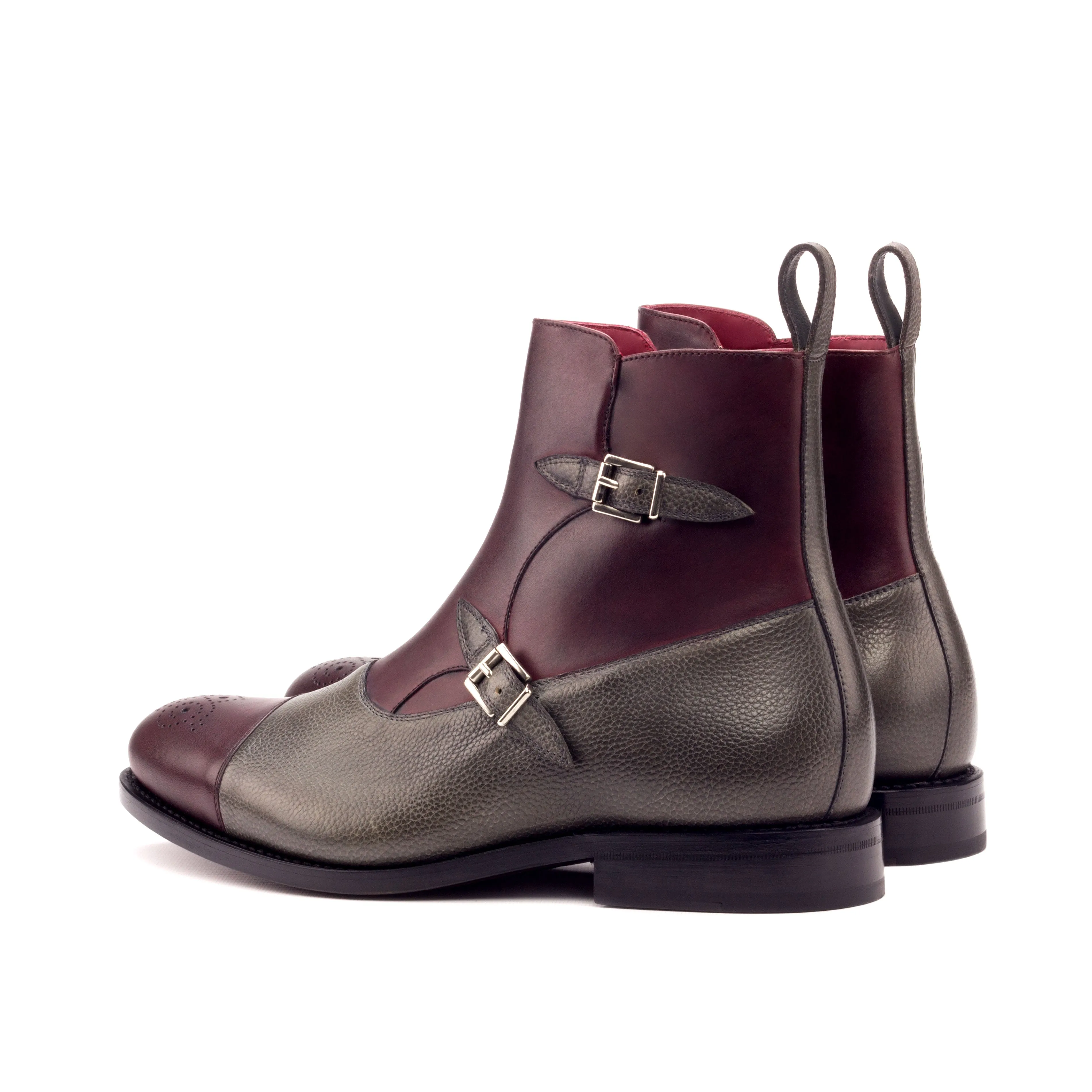 Burgundy & Grey Calf Leather Double-Monk Boots