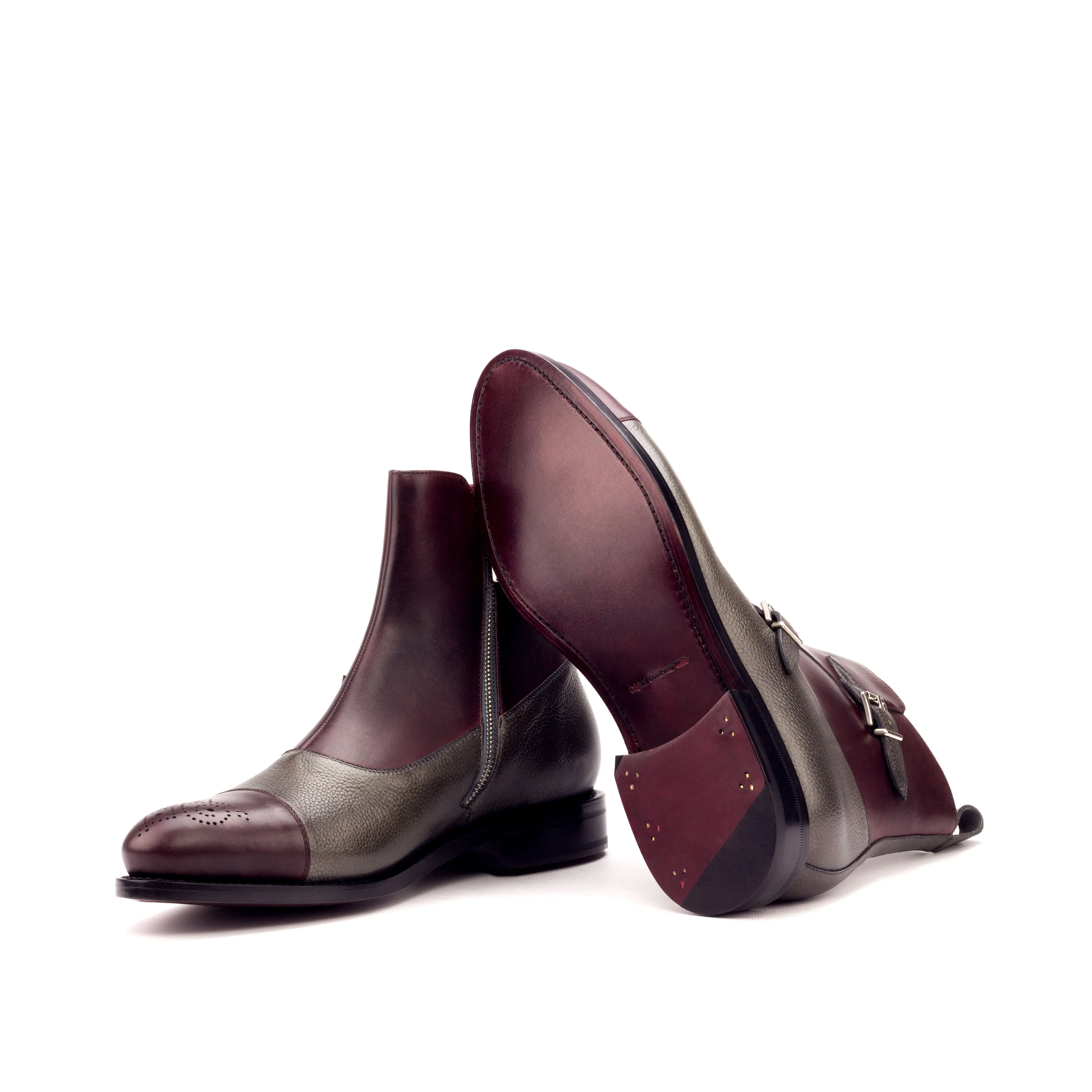 Burgundy & Grey Calf Leather Double-Monk Boots