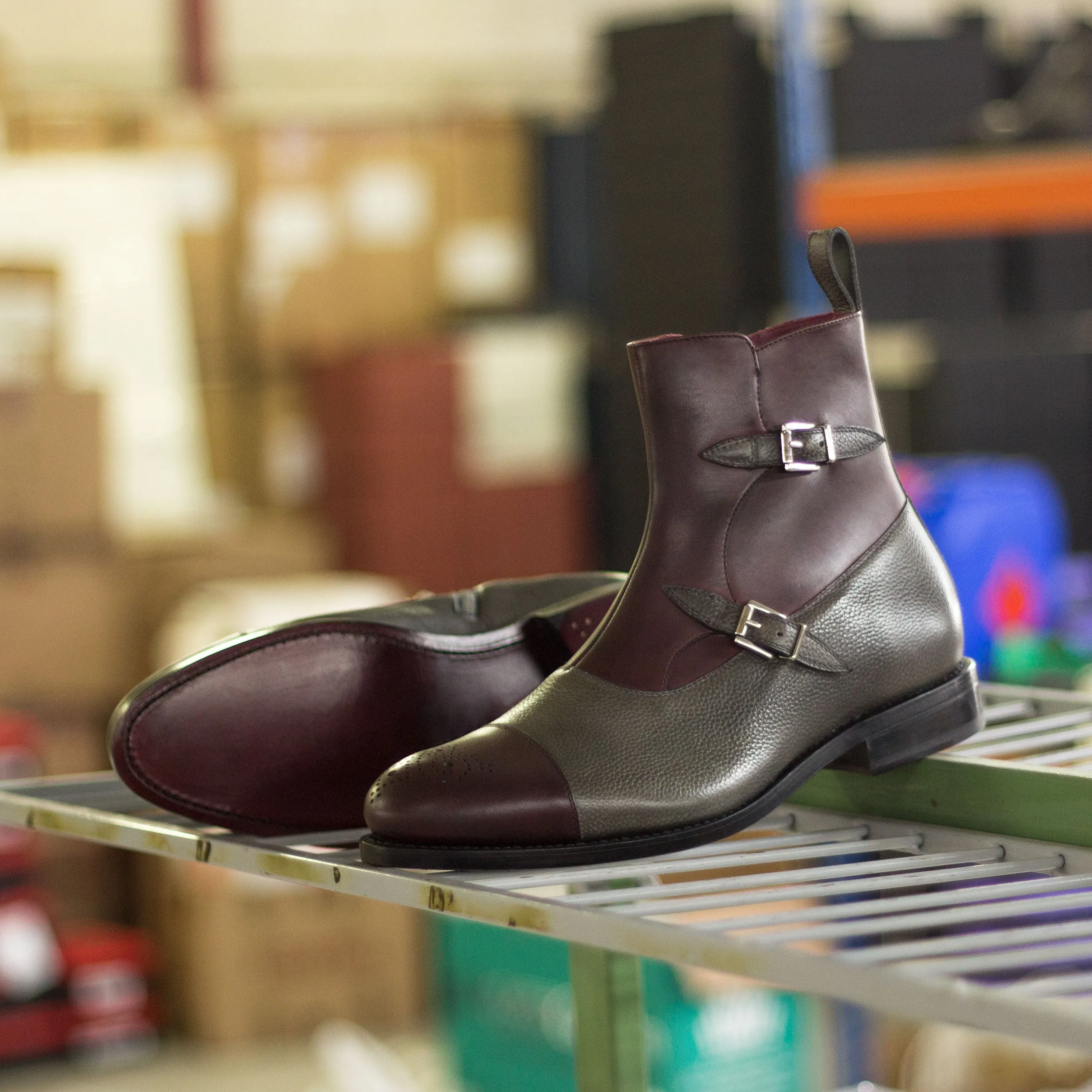 Burgundy & Grey Calf Leather Double-Monk Boots