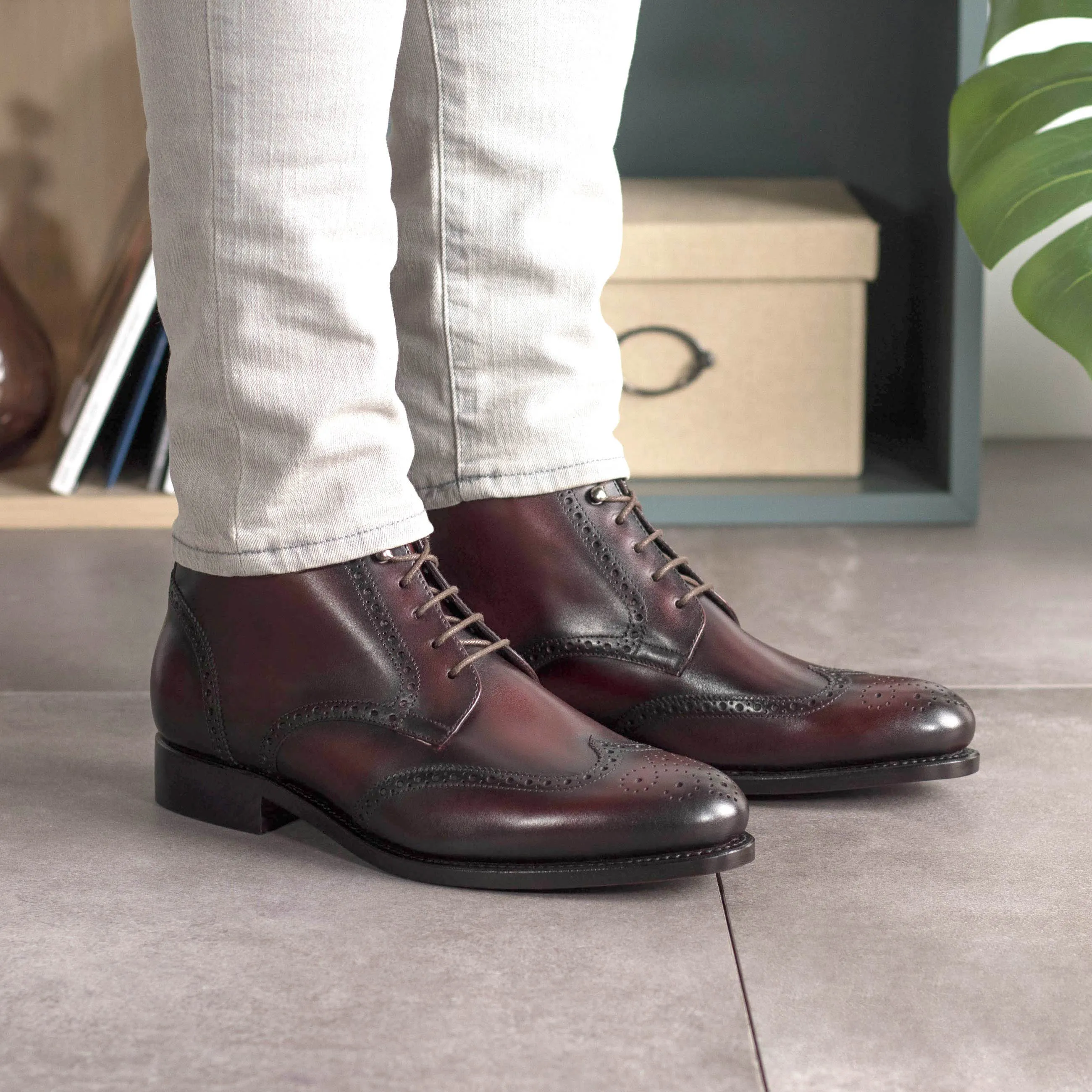 Burgundy Box Calf Leather Brogue Boot