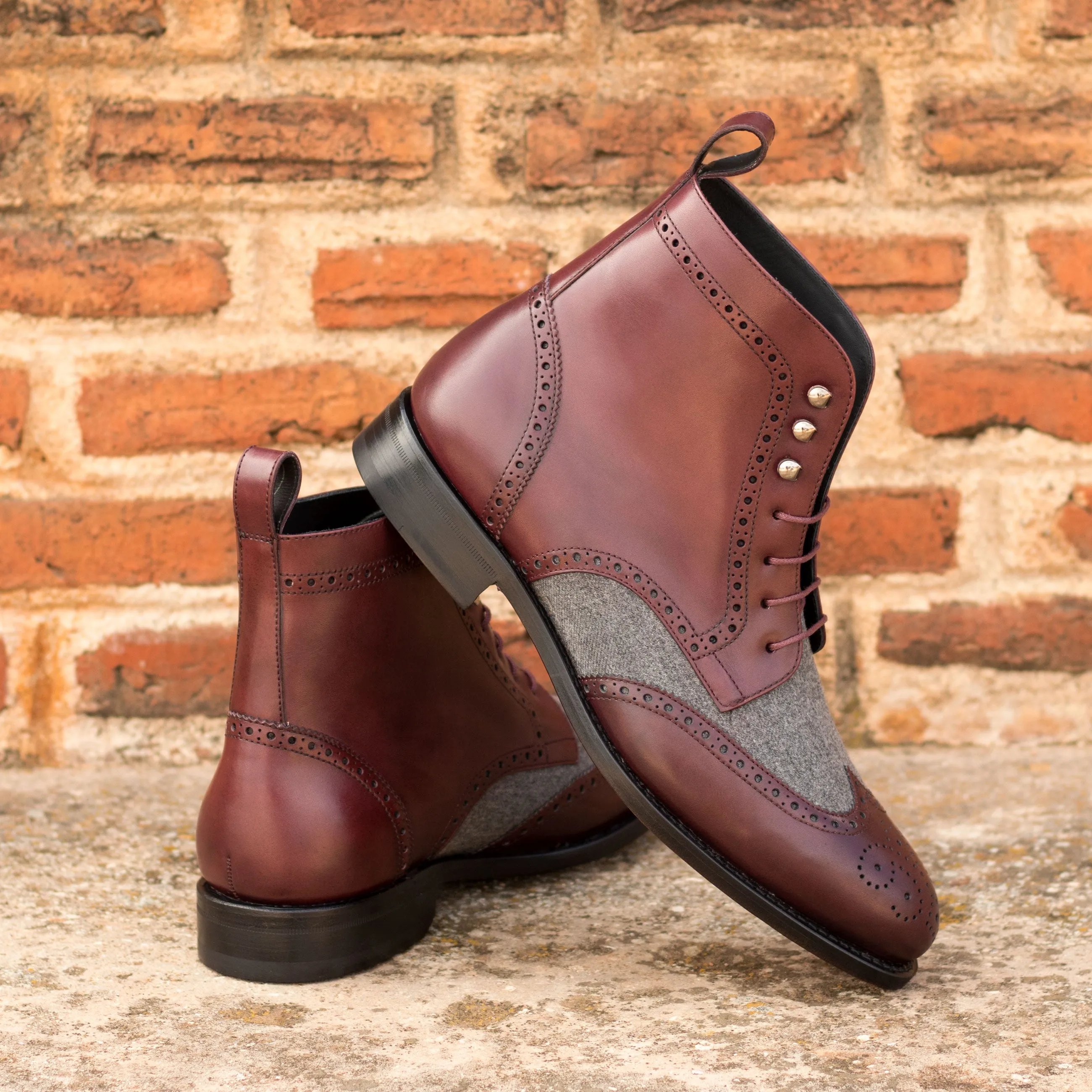 Burgundy Calf Leather & Light Grey Flannel Brogue Boots