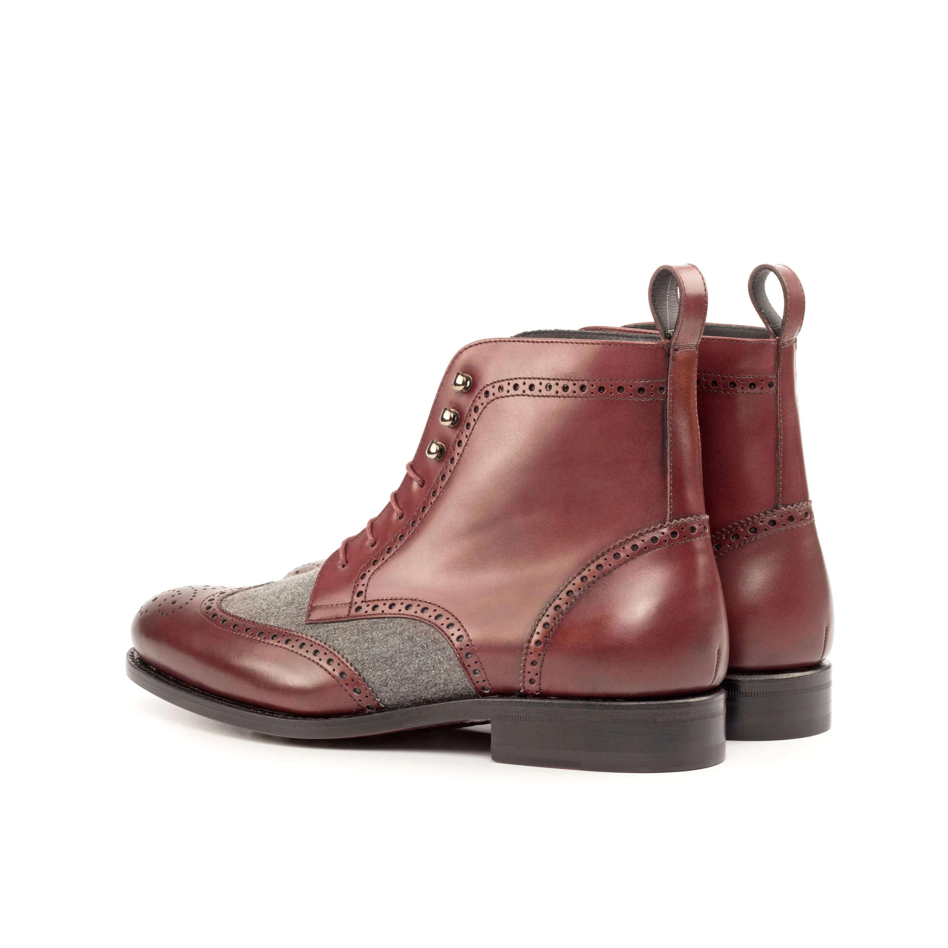 Burgundy Calf Leather & Light Grey Flannel Brogue Boots