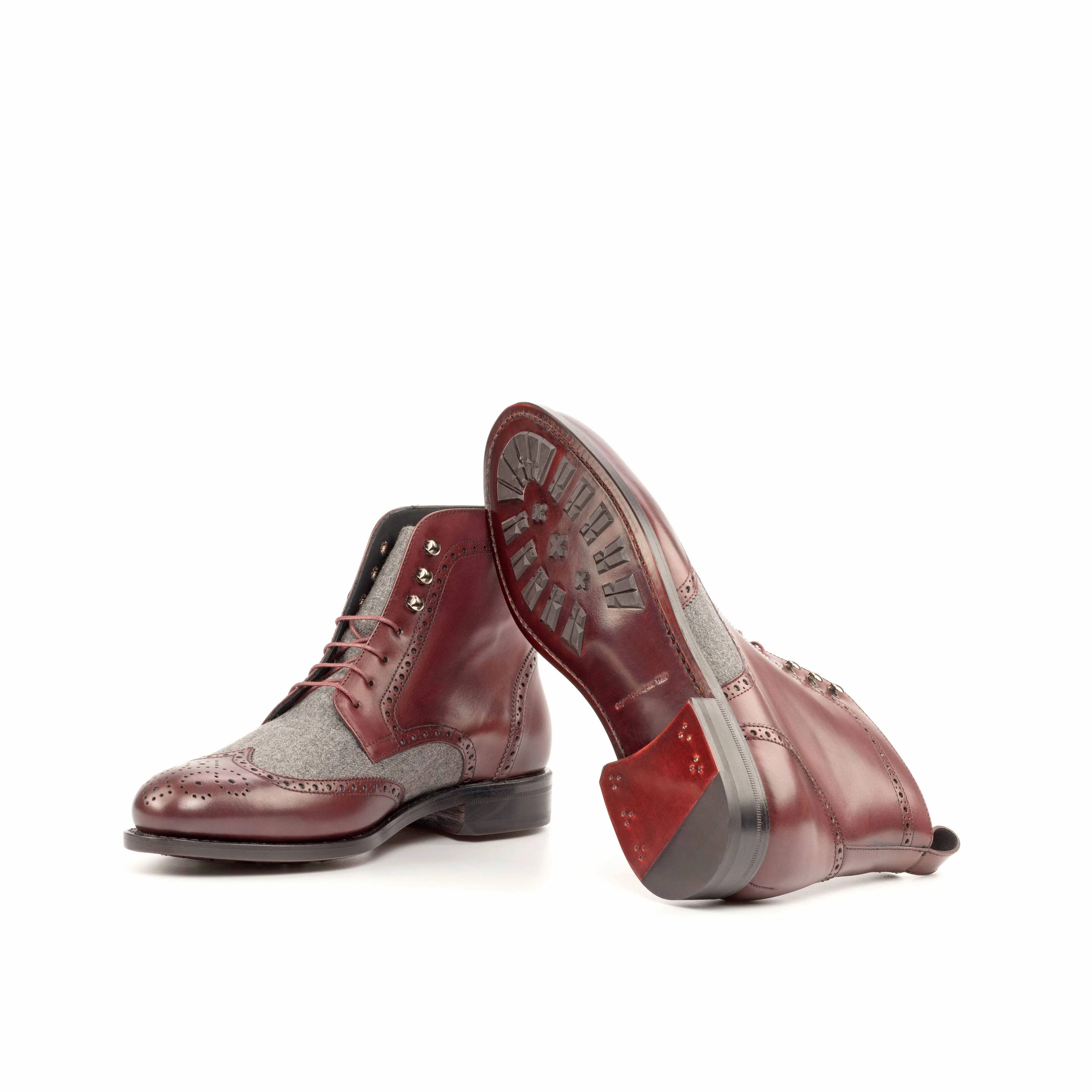 Burgundy Calf Leather & Light Grey Flannel Brogue Boots