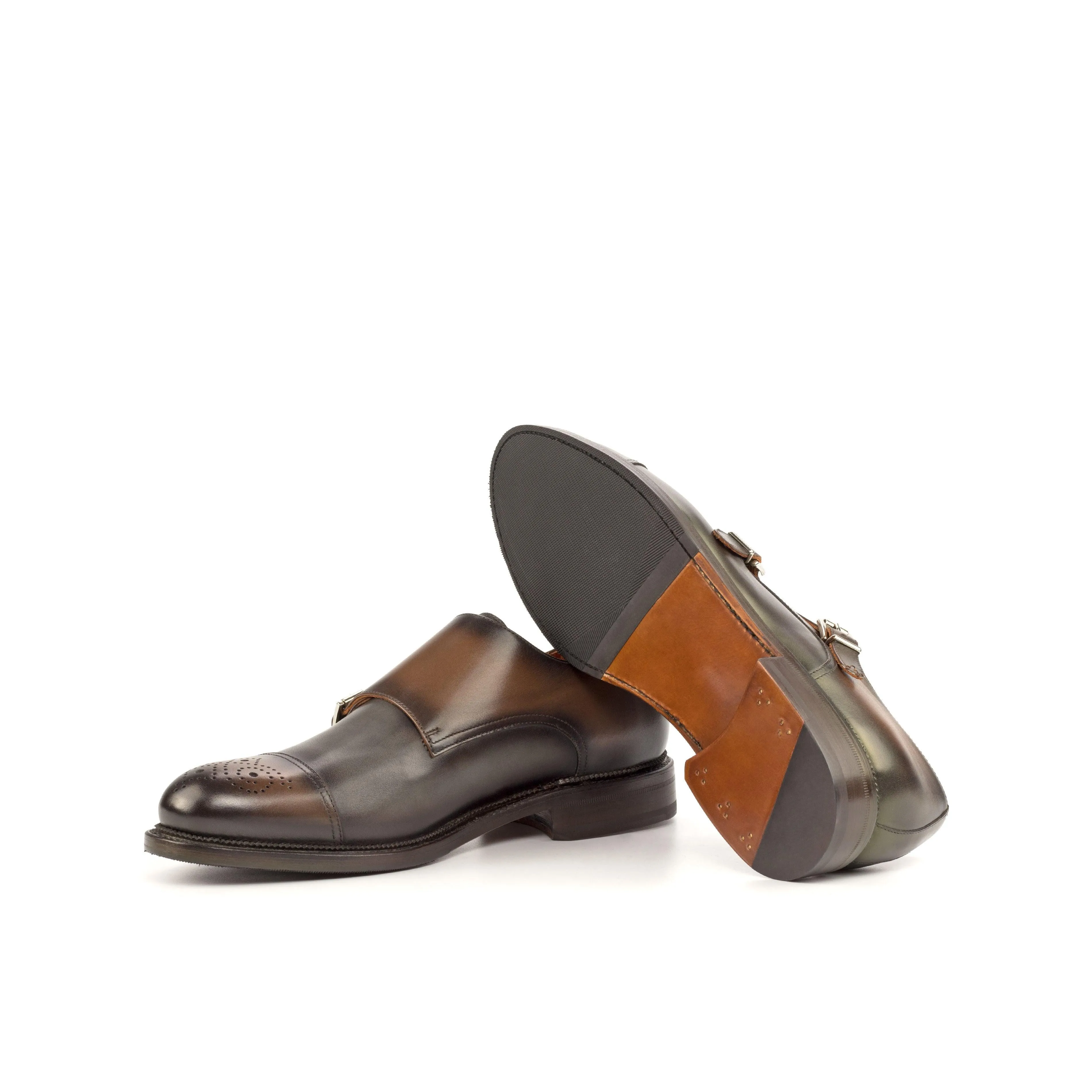 Burnished Grey & Brown Leather Double-Monk Shoes