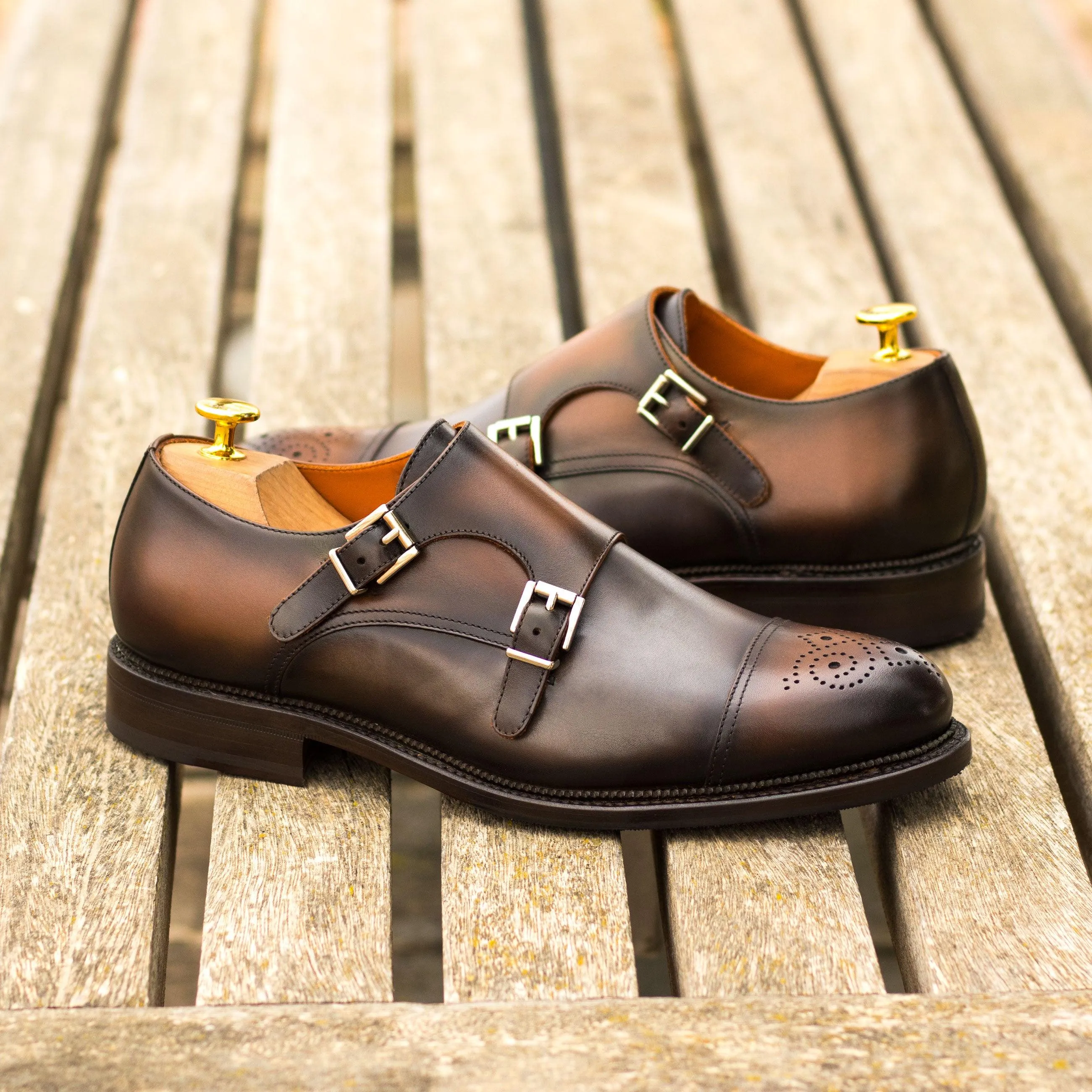 Burnished Grey & Brown Leather Double-Monk Shoes