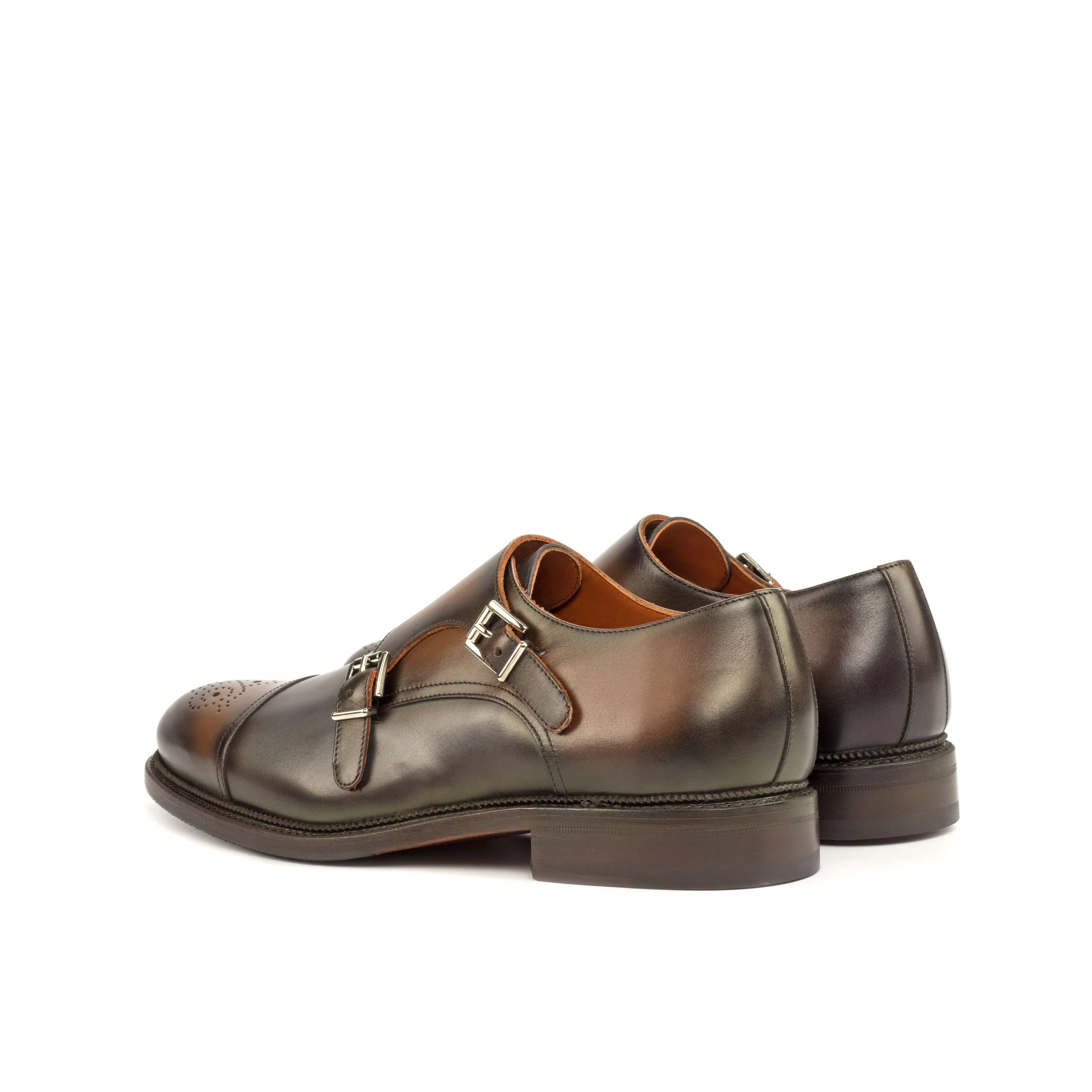 Burnished Grey & Brown Leather Double-Monk Shoes