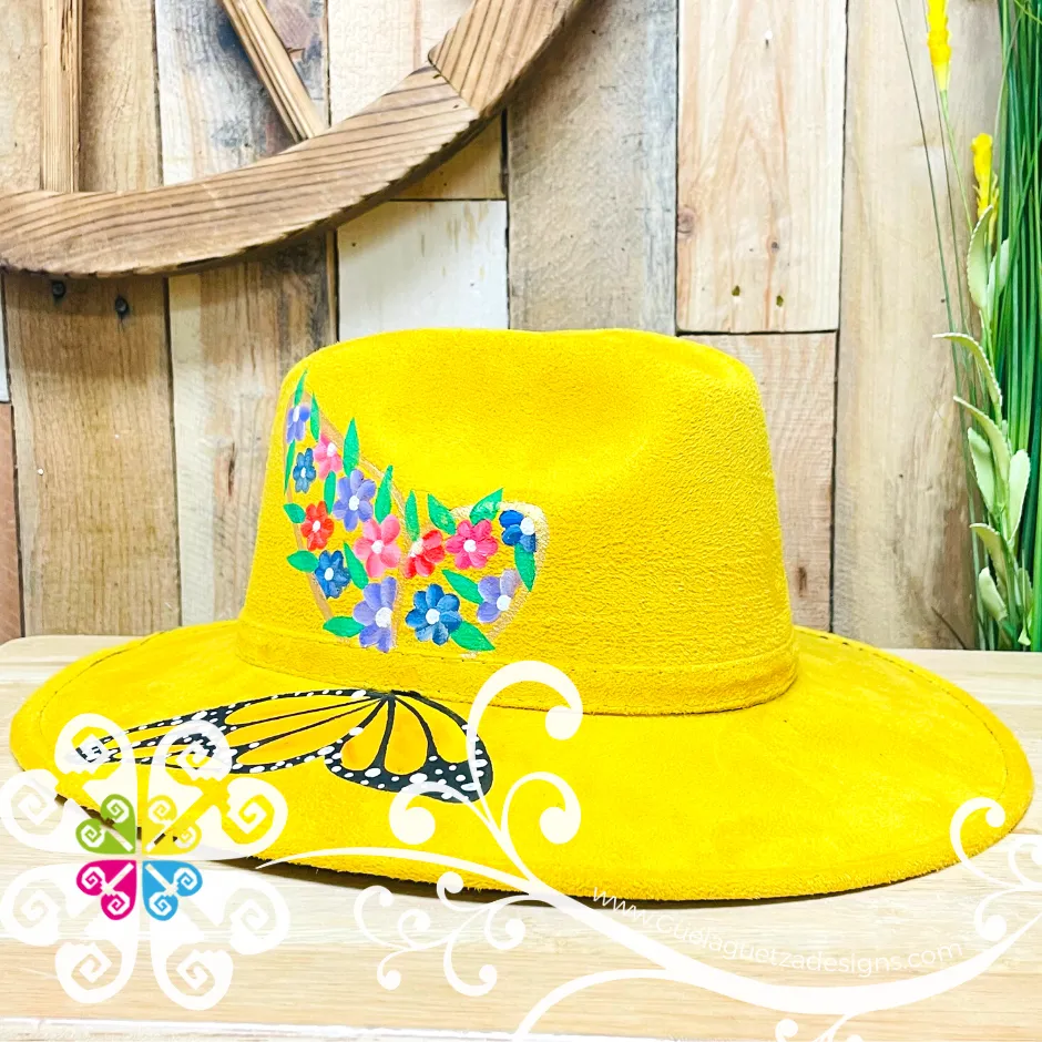 Canary Yellow Monarch and Flowers - Hand Painted Fall Hat