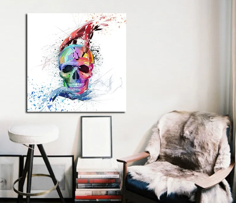 CANVAS PRINT Skull with hands, Skull Wall Art Print Gift, Color Contemporary Abstract Modern Art OTH-SK02