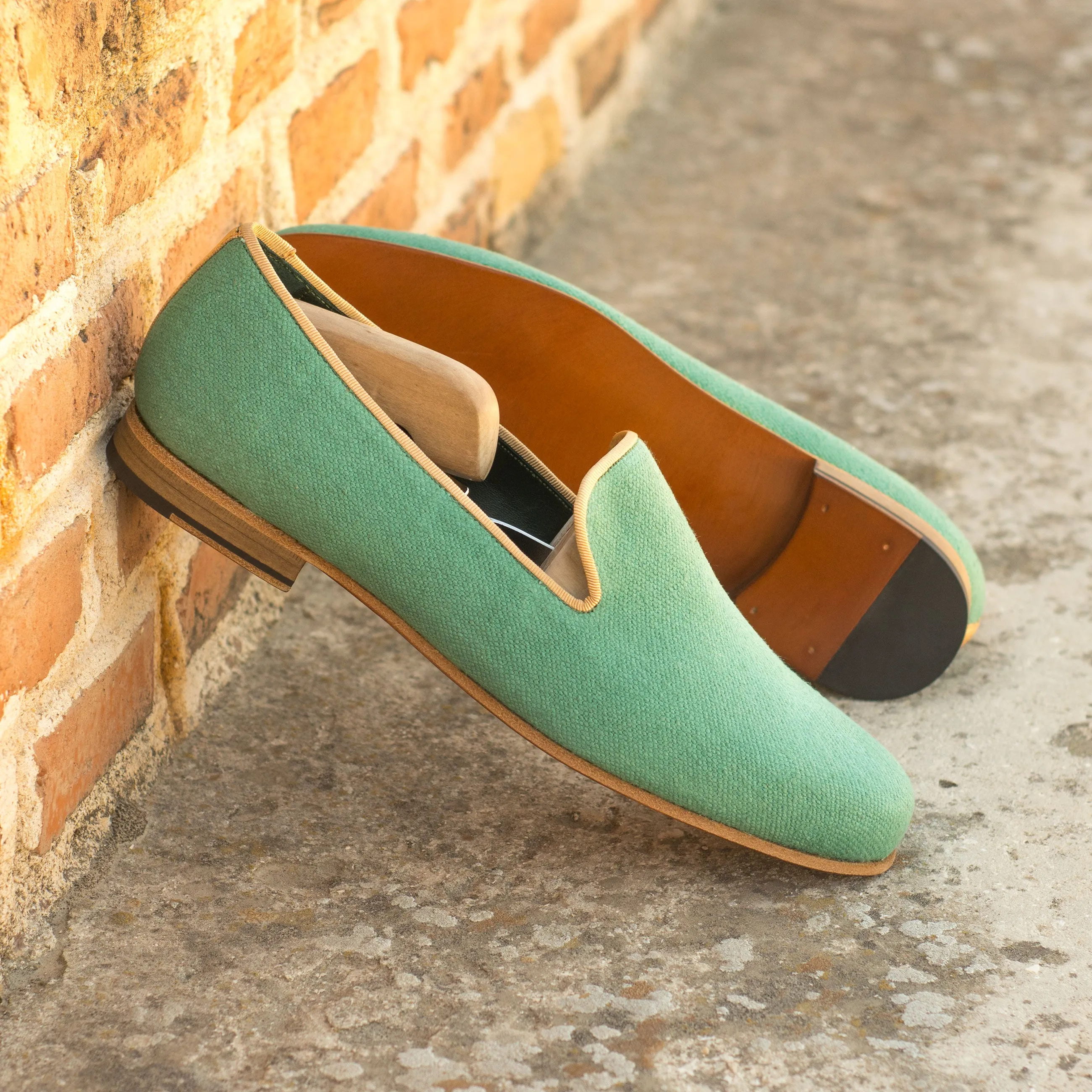 DapperFam Enzo in Mustard / Green Men's Grossgrain & Linen Slipper