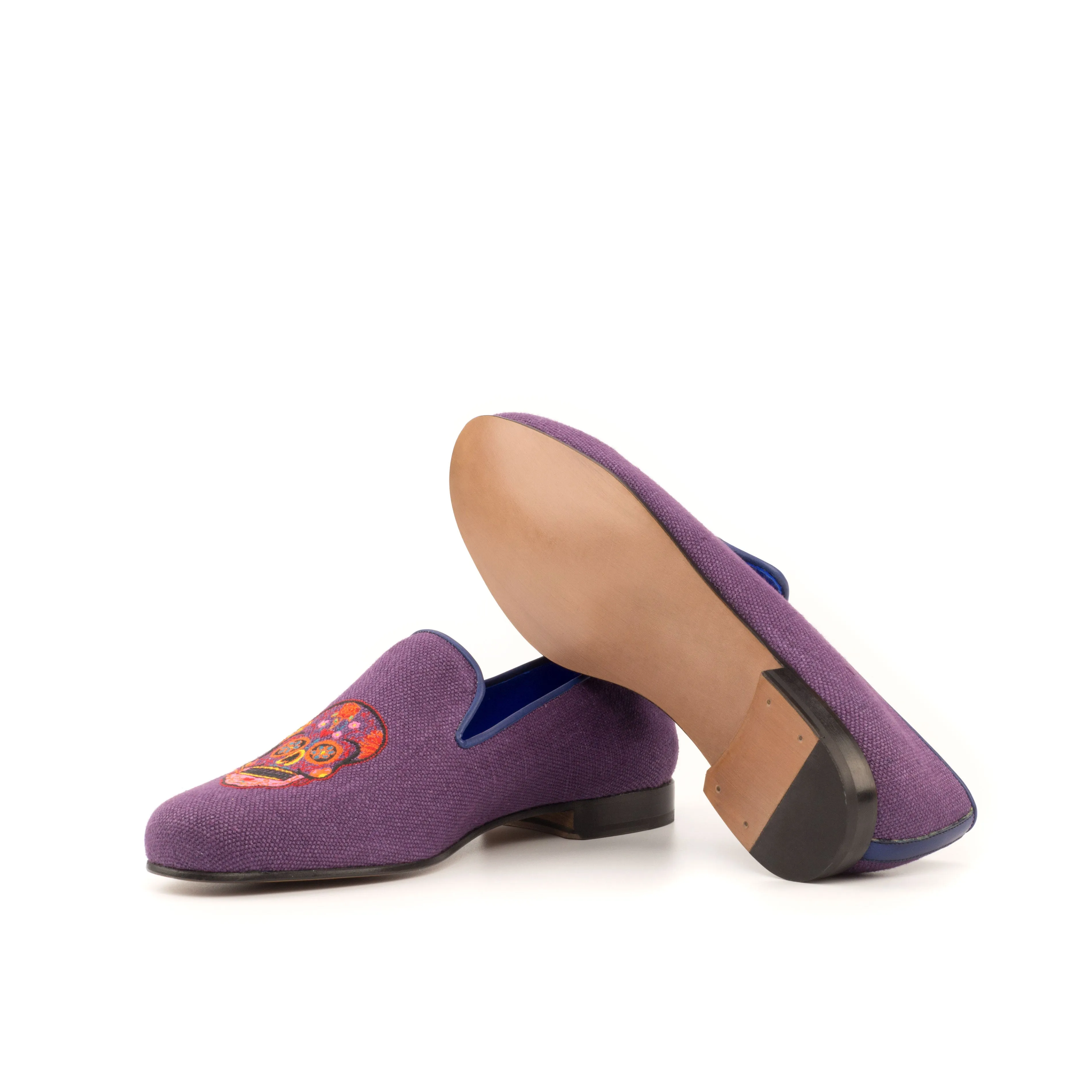 DapperFam Enzo in Purple / Navy Men's Linen & Italian Leather Slipper