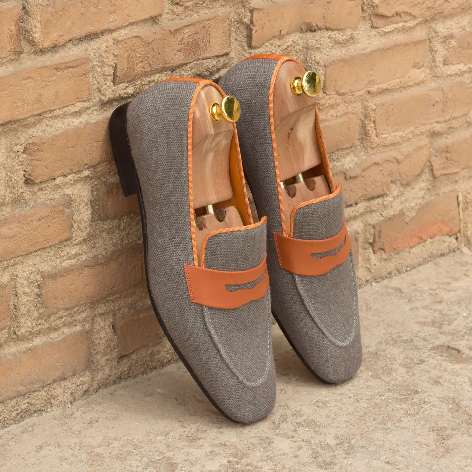 DapperFam Khalil in Grey / Orange Men's Linen & Grossgrain Slipper