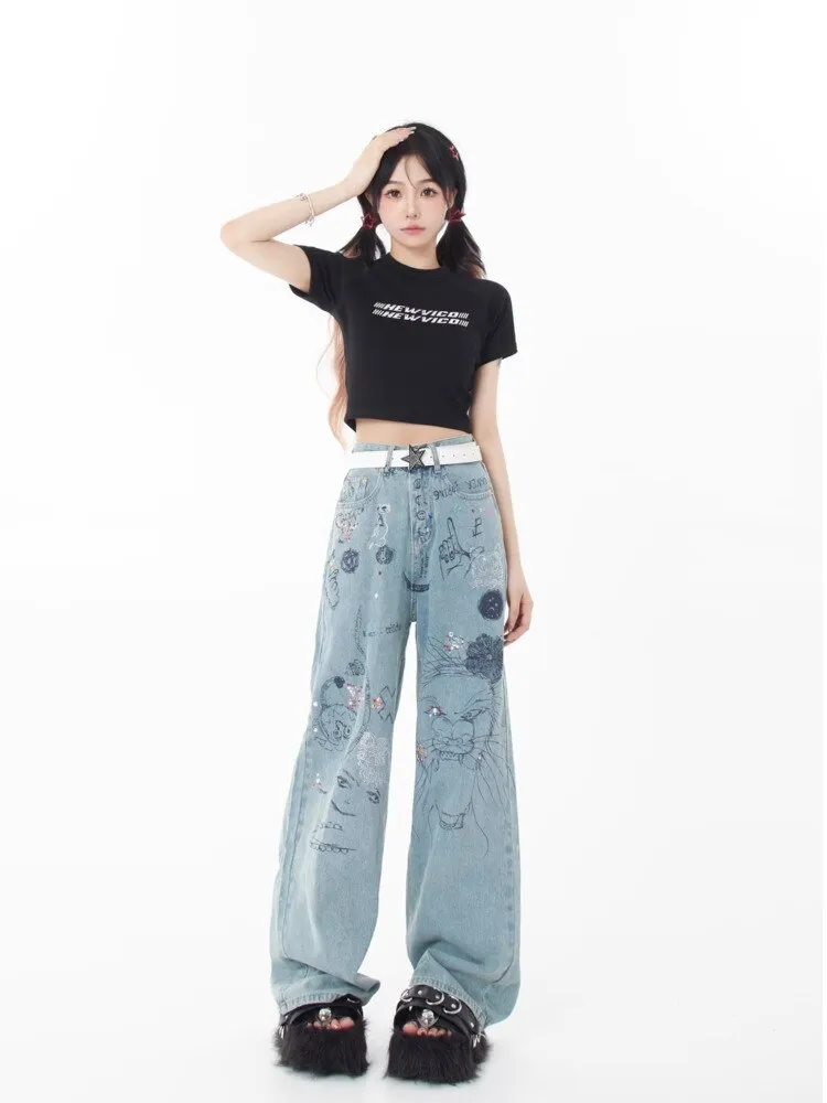 deanwangkt Spring and Autumn Season New Small Market Design Sense Print Graffiti Straight Barrel Personalized Jeans Women's Jeans