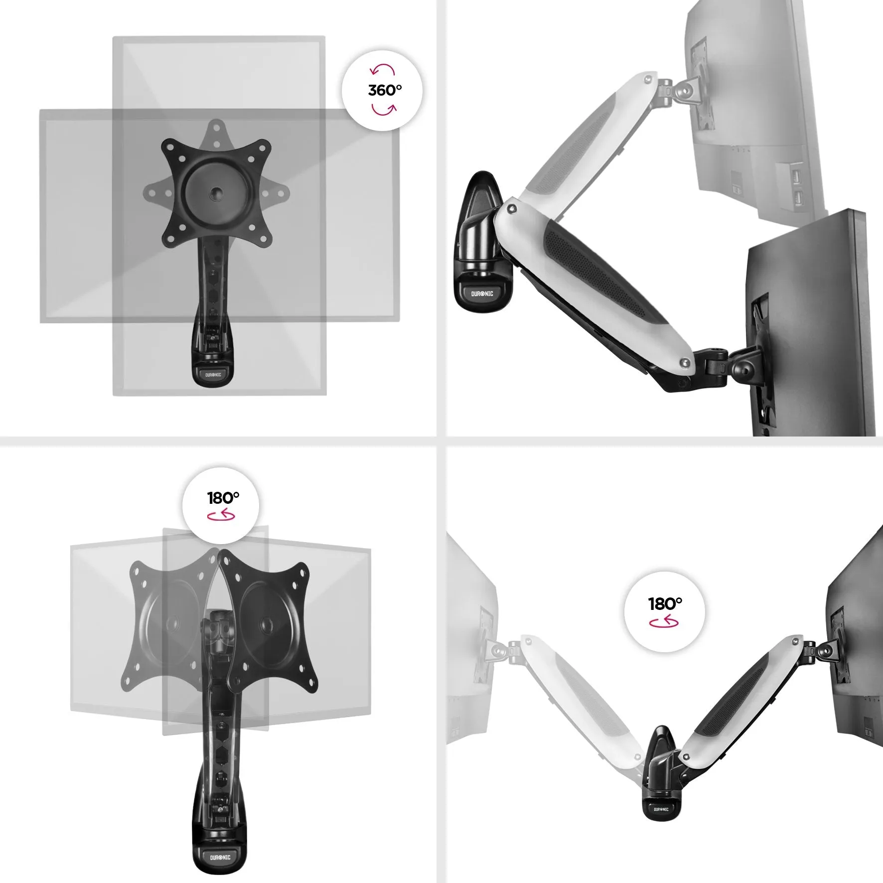 Duronic Monitor Arm Wall Mount DM65W1X1 | Bracket for Single PC Computer Screen | Aluminium | For One 15”-27” LED LCD TV Television | VESA 75/100 Fixing | Tilt  85°/-90°, Swivel 180°, Rotate 360°