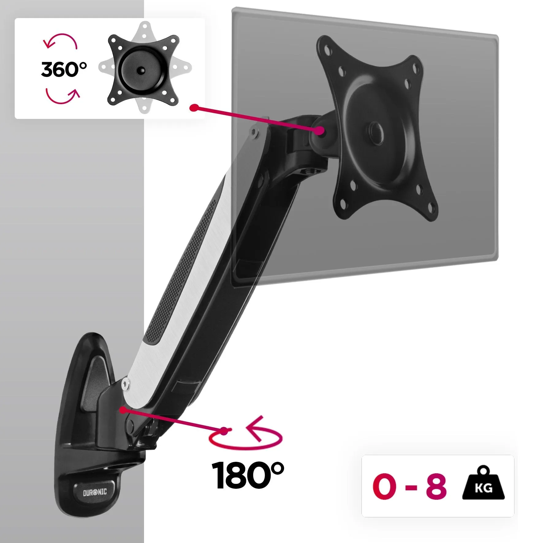 Duronic Monitor Arm Wall Mount DM65W1X1 | Bracket for Single PC Computer Screen | Aluminium | For One 15”-27” LED LCD TV Television | VESA 75/100 Fixing | Tilt  85°/-90°, Swivel 180°, Rotate 360°