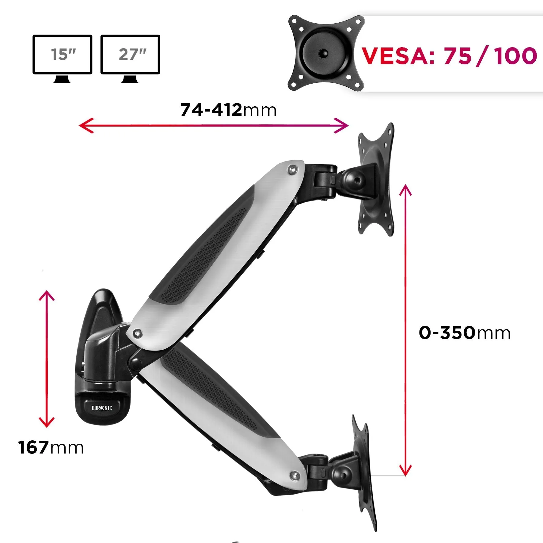 Duronic Monitor Arm Wall Mount DM65W1X1 | Bracket for Single PC Computer Screen | Aluminium | For One 15”-27” LED LCD TV Television | VESA 75/100 Fixing | Tilt  85°/-90°, Swivel 180°, Rotate 360°