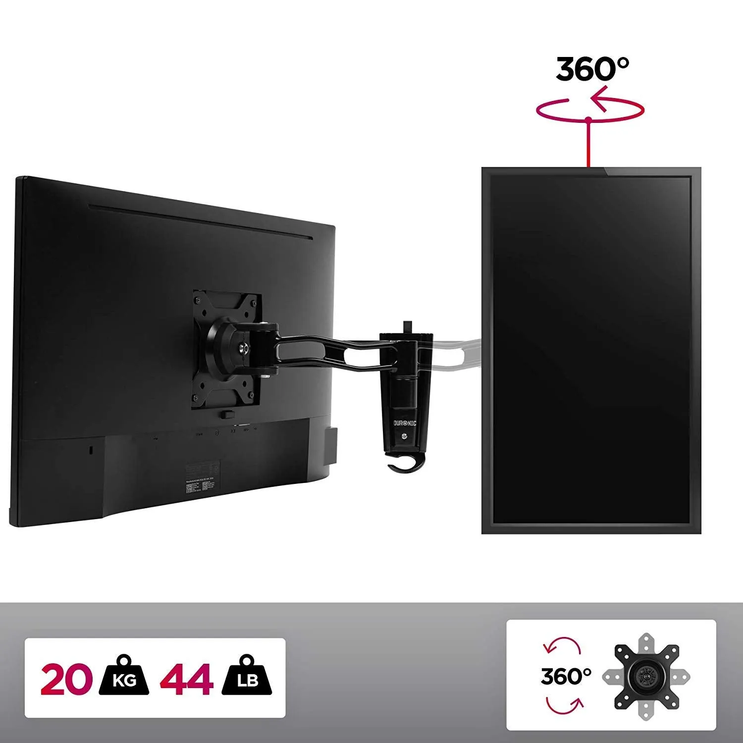 Duronic Monitor Arm Wall Mount DM65W1X2 | Bracket for Single PC Computer Screen | Aluminium | For One 15”-27” LED LCD TV Television | VESA 75/100 Fixing | Tilt  85°/-90°, Swivel 180°, Rotate 360°