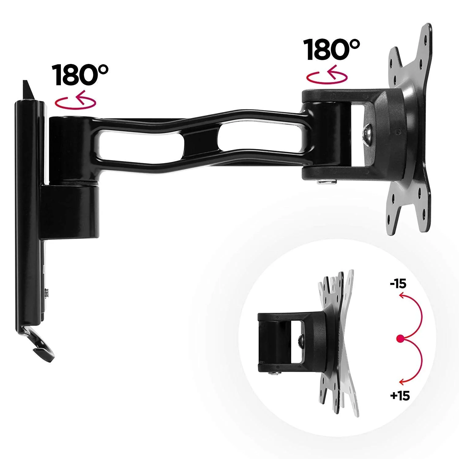 Duronic Monitor Arm Wall Mount DM65W1X2 | Bracket for Single PC Computer Screen | Aluminium | For One 15”-27” LED LCD TV Television | VESA 75/100 Fixing | Tilt  85°/-90°, Swivel 180°, Rotate 360°