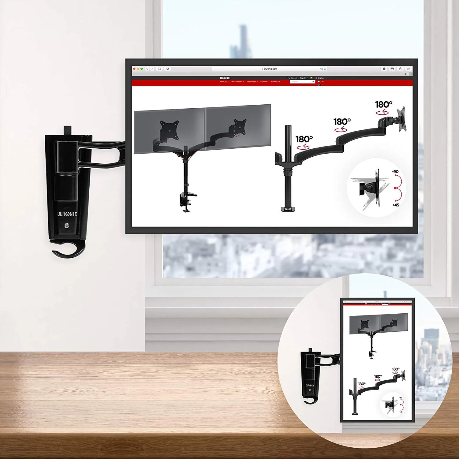 Duronic Monitor Arm Wall Mount DM65W1X2 | Bracket for Single PC Computer Screen | Aluminium | For One 15”-27” LED LCD TV Television | VESA 75/100 Fixing | Tilt  85°/-90°, Swivel 180°, Rotate 360°