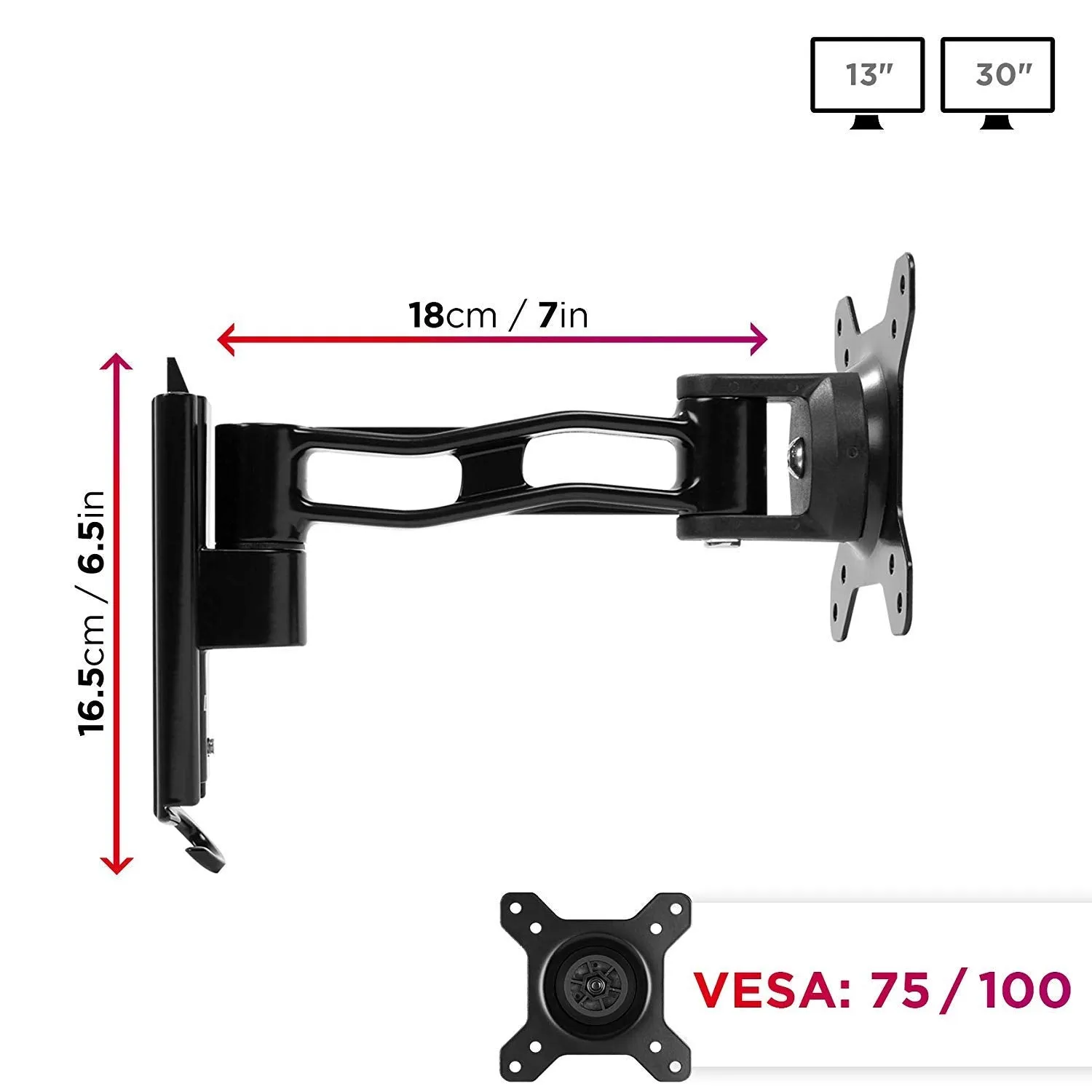 Duronic Monitor Arm Wall Mount DM65W1X2 | Bracket for Single PC Computer Screen | Aluminium | For One 15”-27” LED LCD TV Television | VESA 75/100 Fixing | Tilt  85°/-90°, Swivel 180°, Rotate 360°