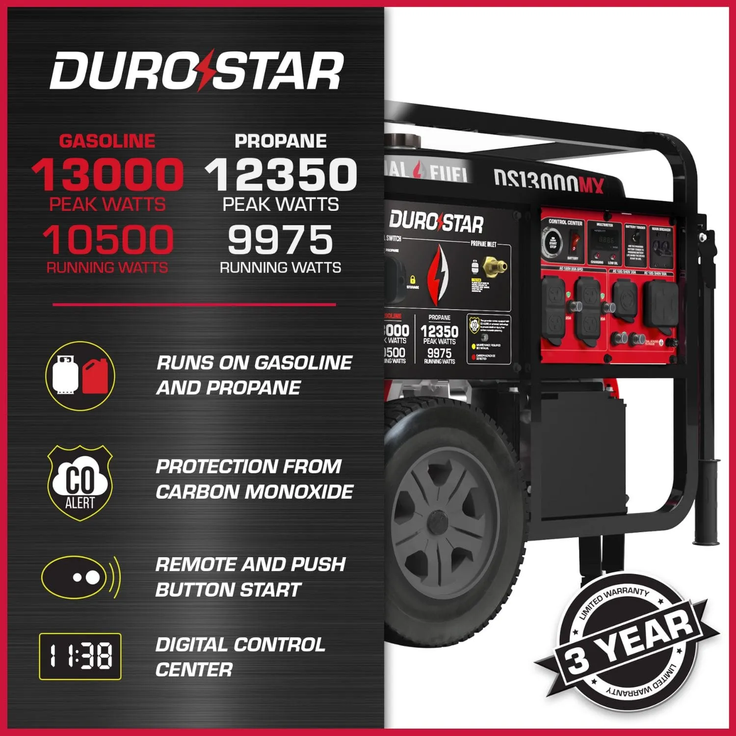 DuroStar DS13000MX Dual Fuel Portable Generator w/ CO Alert | 13,000 Watts