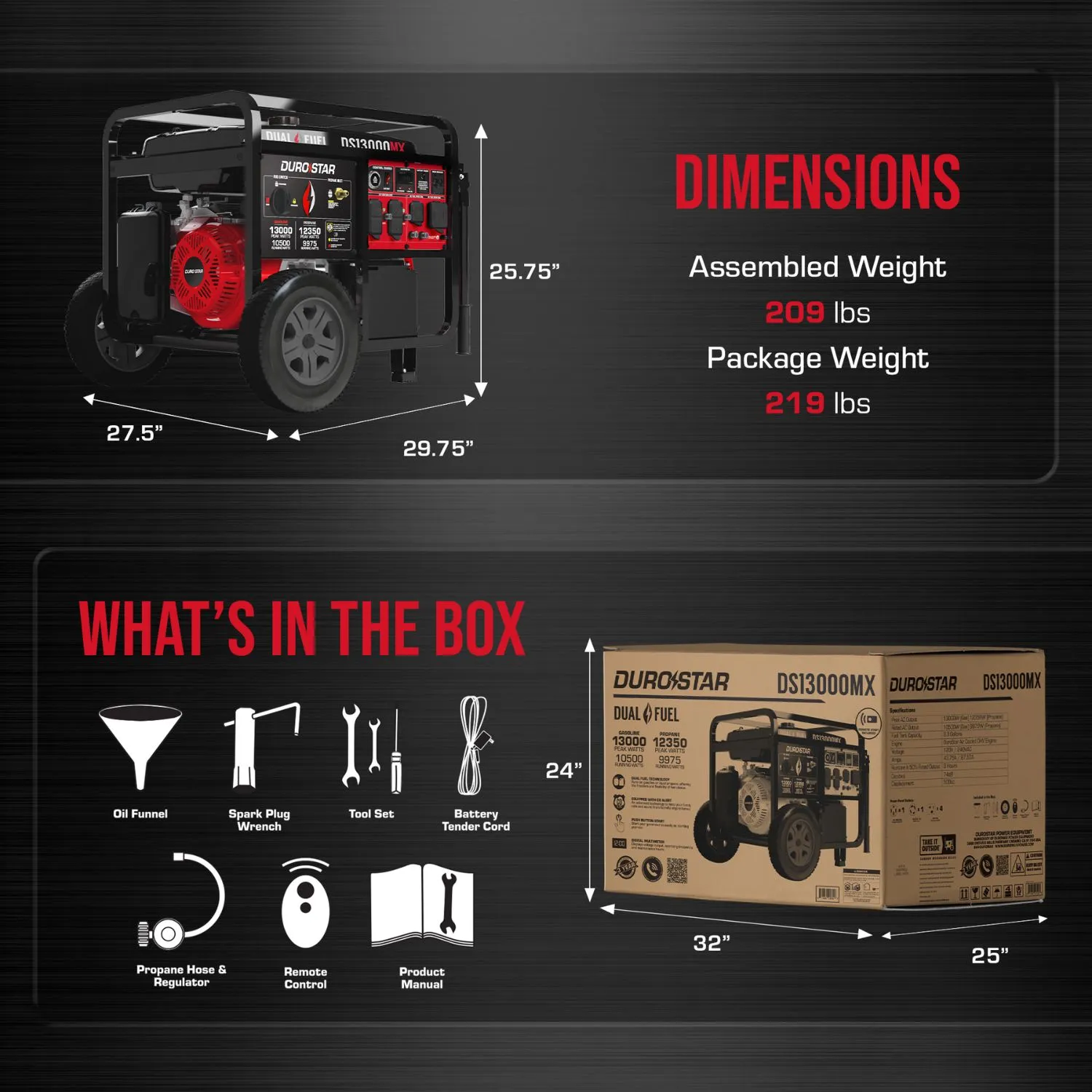 DuroStar DS13000MX Dual Fuel Portable Generator w/ CO Alert | 13,000 Watts