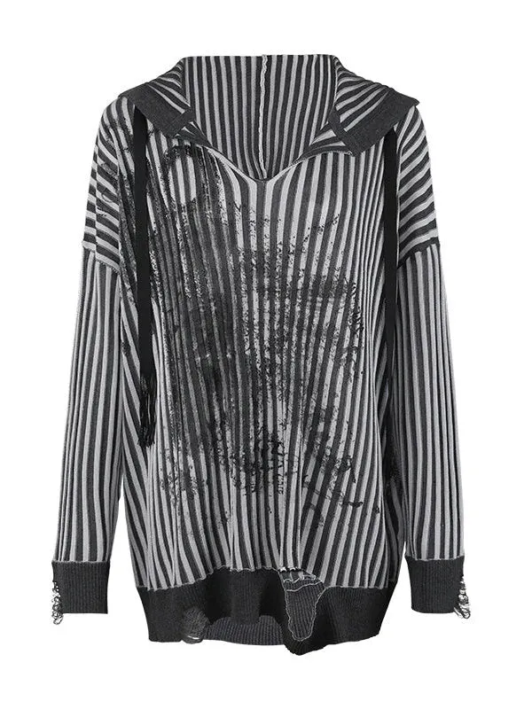 Graffiti Striped Loose Knitted Hoodie【s0000003996】