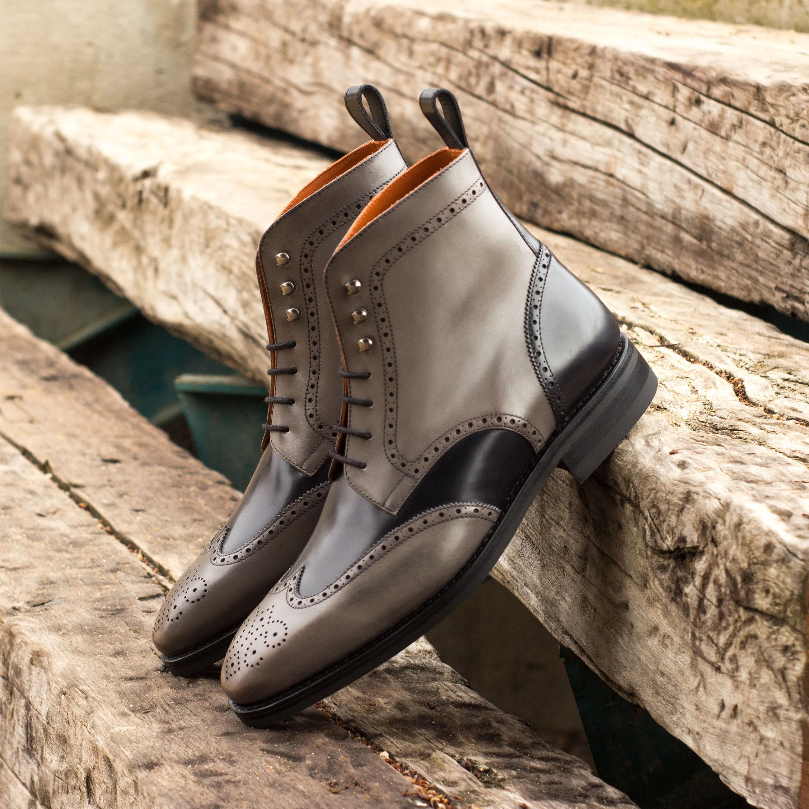 Grey & Black Calf Leather Brogue Boots