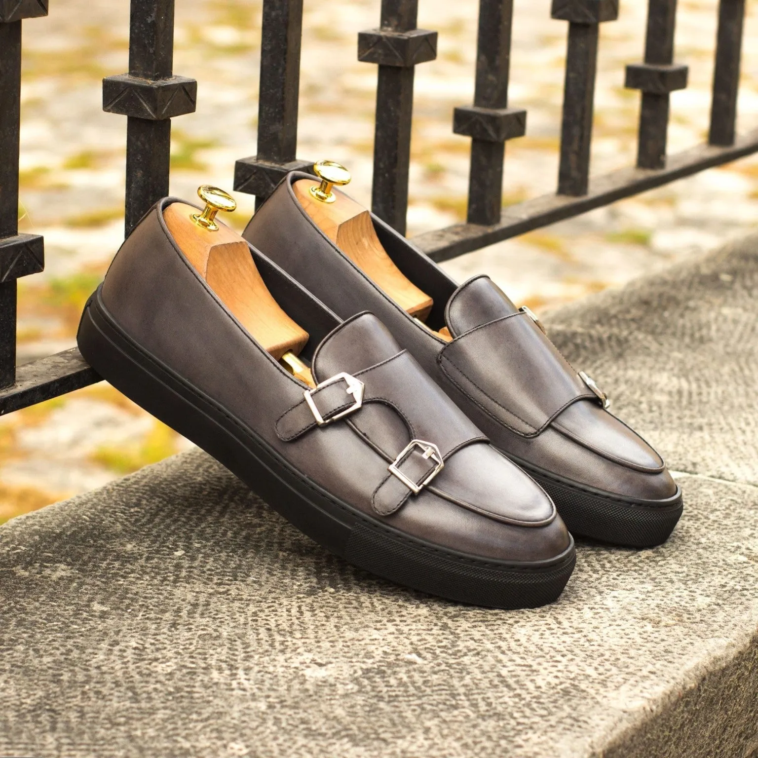 Grey Painted Calf Double-Monk Sneakers