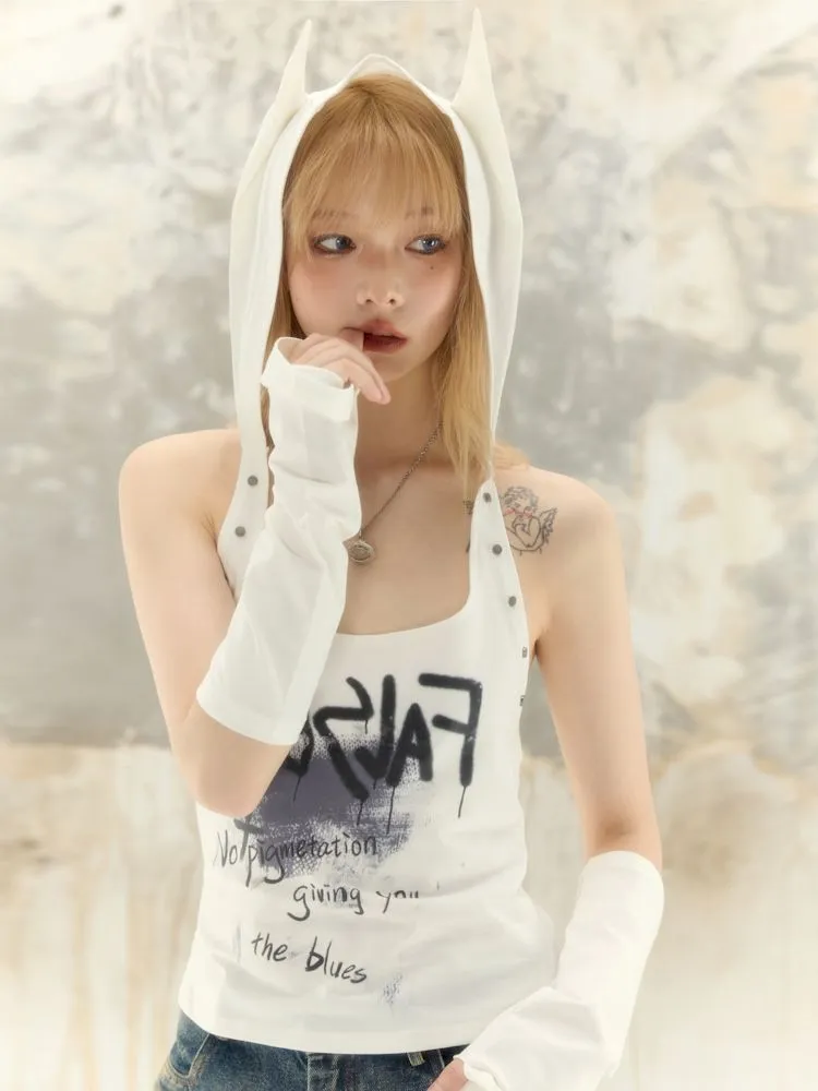 Imp Graffiti Printed Backless Hooded Neck Cami T-Shirt【s0000008398】