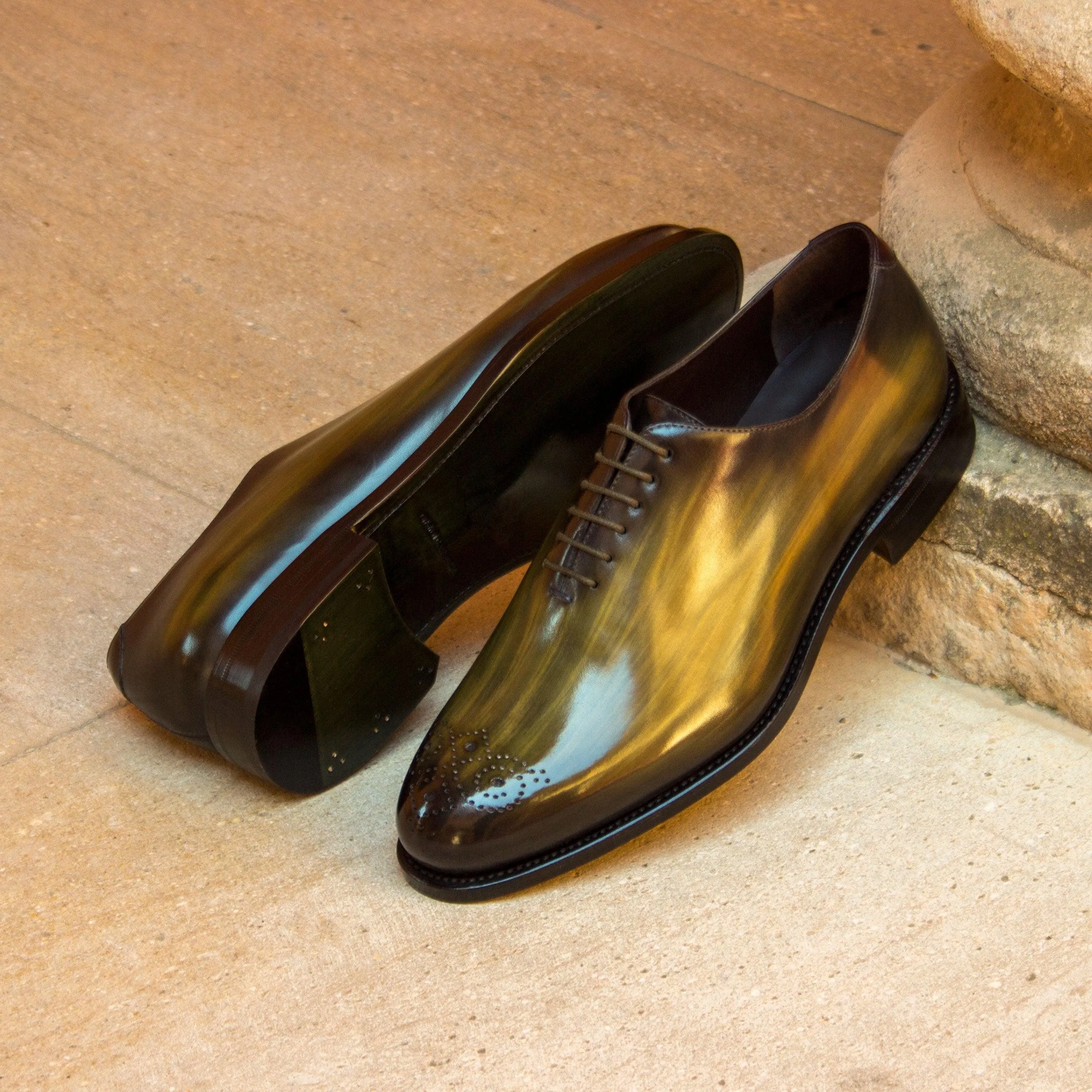 Khaki Green Patina Leather Wholecut Shoes