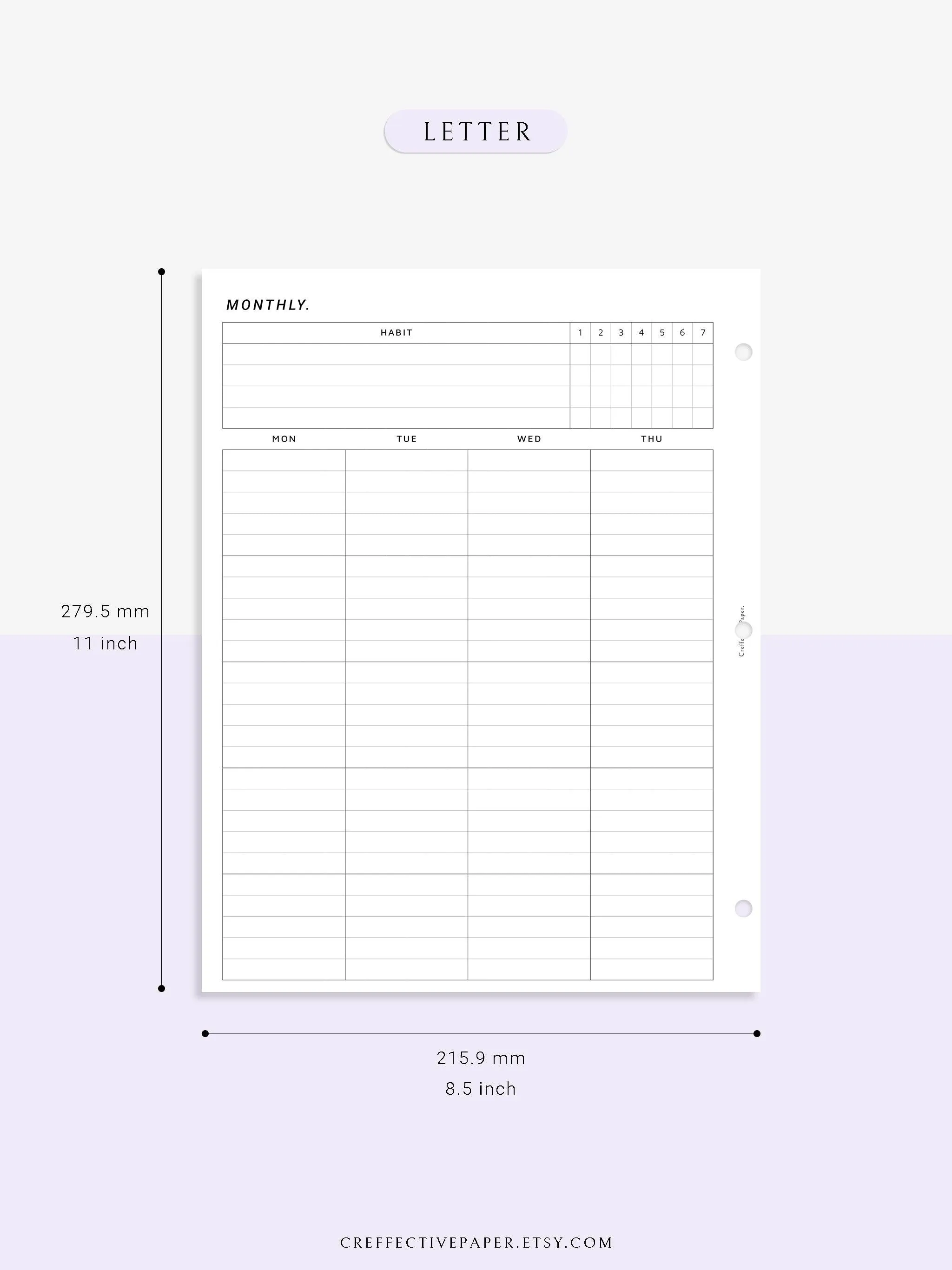 M106_L | Monthly Planner with 31 Days Habit Tracker Printable Inserts