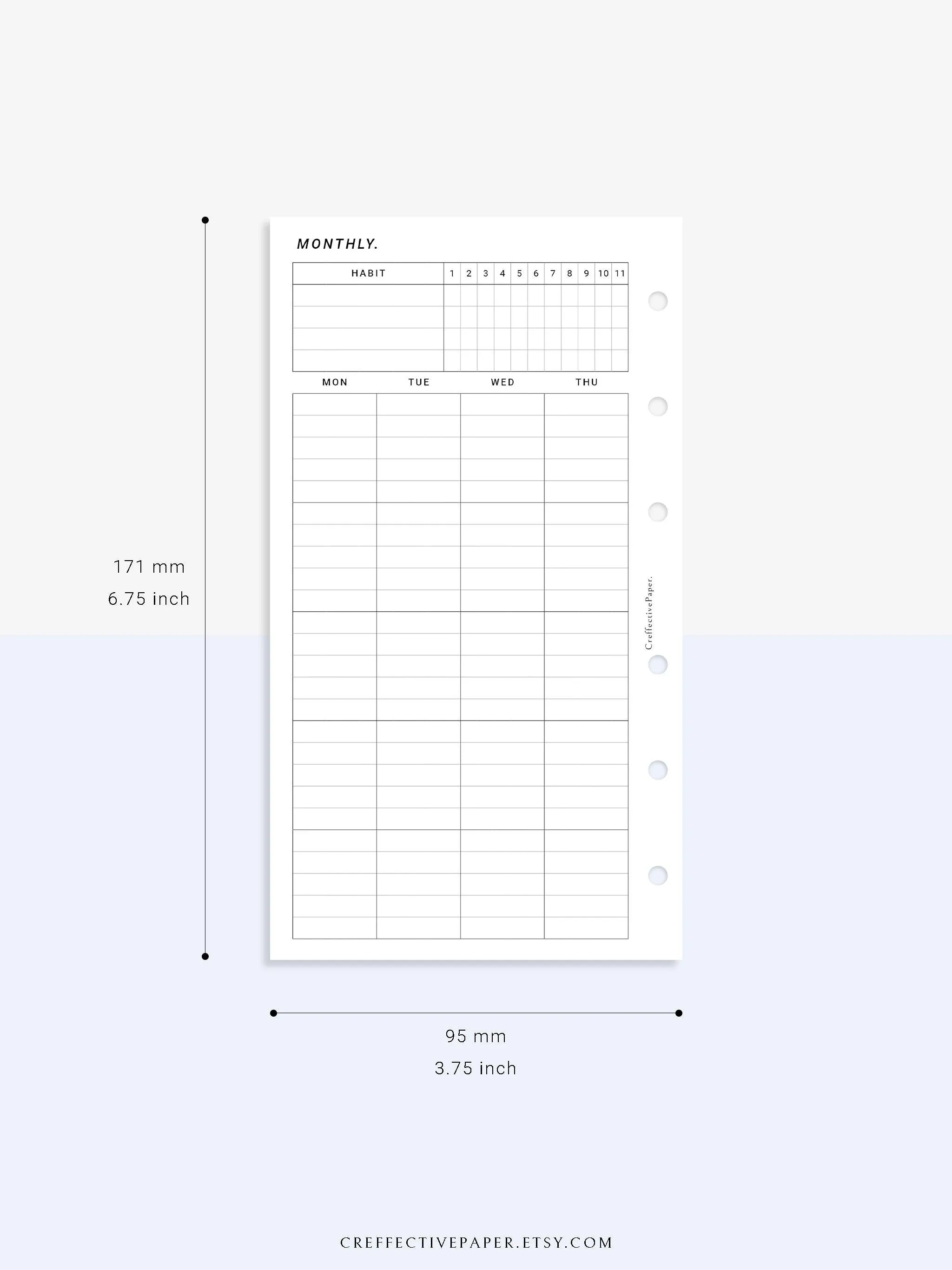 M106_L | Monthly Planner with 31 Days Habit Tracker Printable Inserts