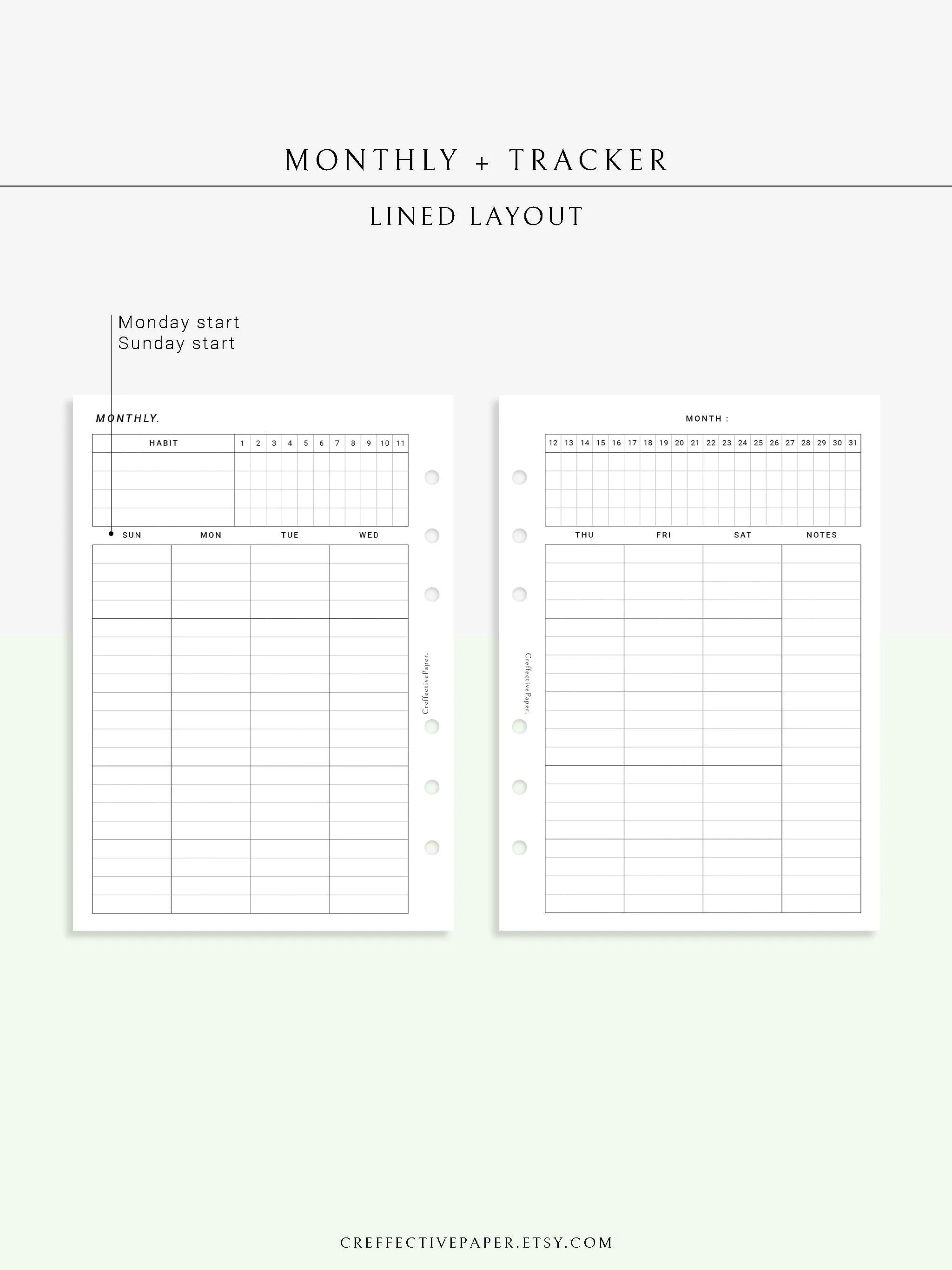 M106_L | Monthly Planner with 31 Days Habit Tracker Printable Inserts