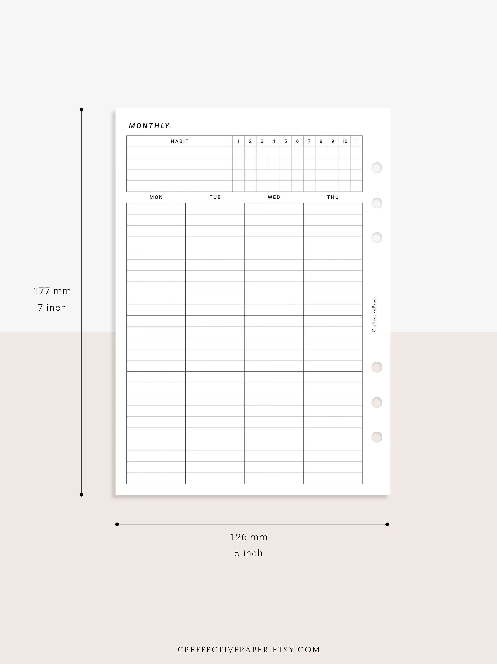 M106_L | Monthly Planner with 31 Days Habit Tracker Printable Inserts