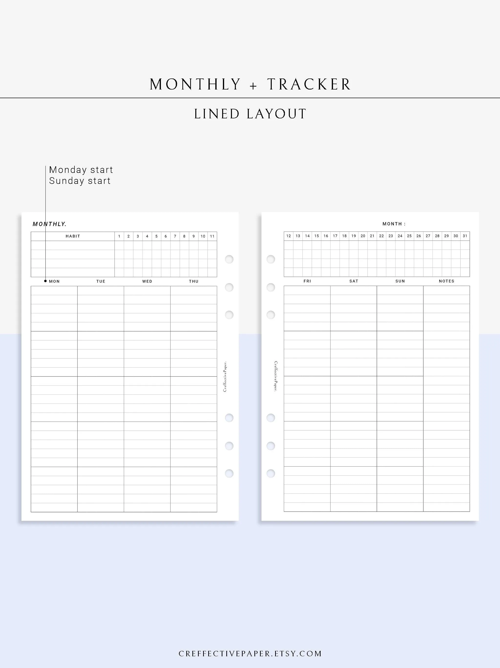 M106_L | Monthly Planner with 31 Days Habit Tracker Printable Inserts