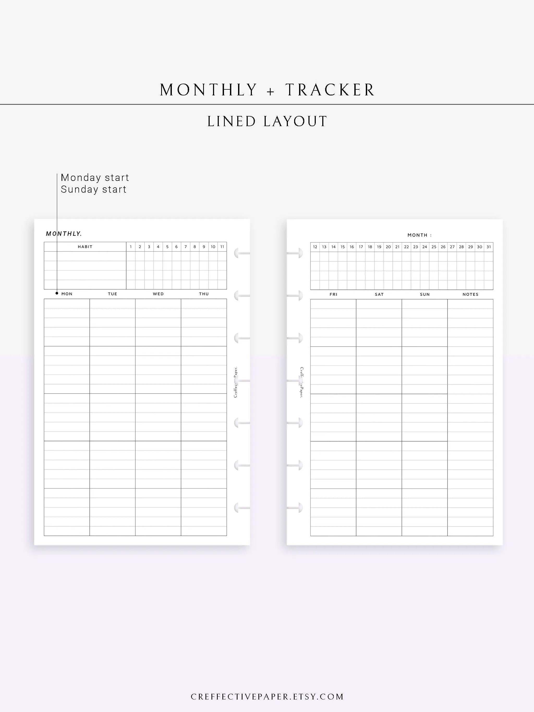 M106_L | Monthly Planner with 31 Days Habit Tracker Printable Inserts