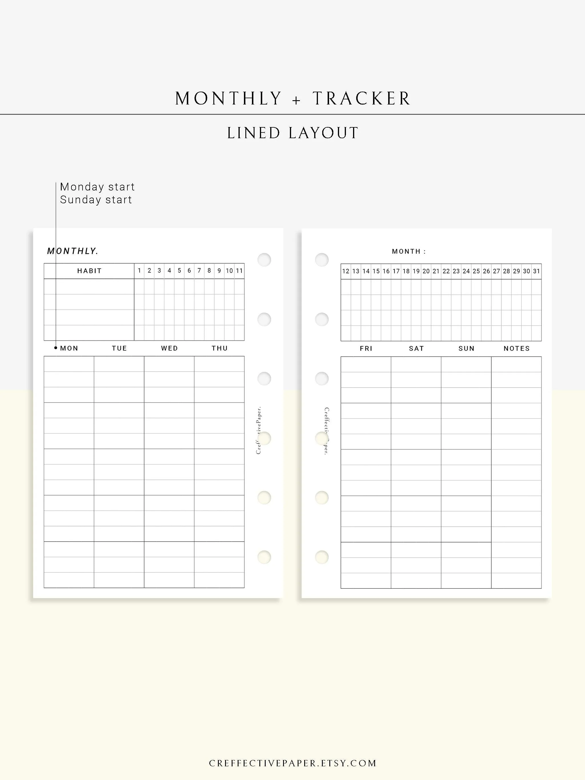 M106_L | Monthly Planner with 31 Days Habit Tracker Printable Inserts