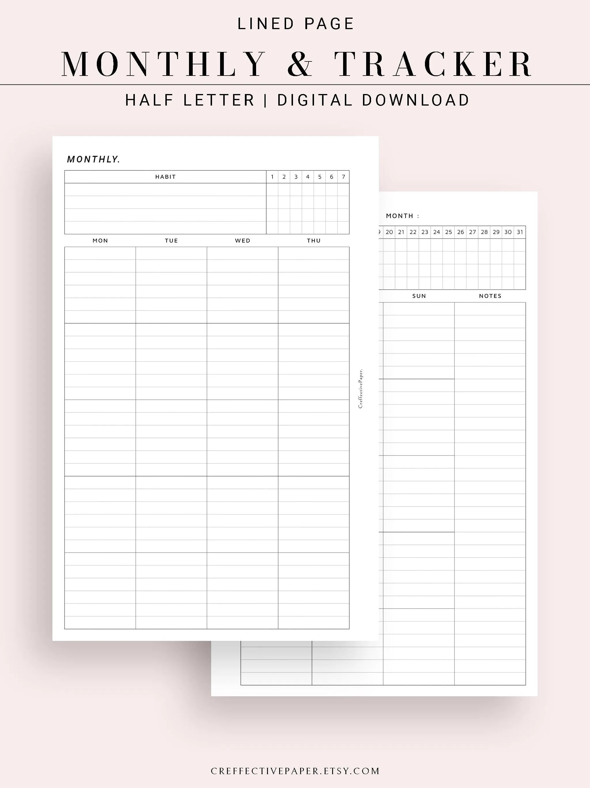 M106_L | Monthly Planner with 31 Days Habit Tracker Printable Inserts