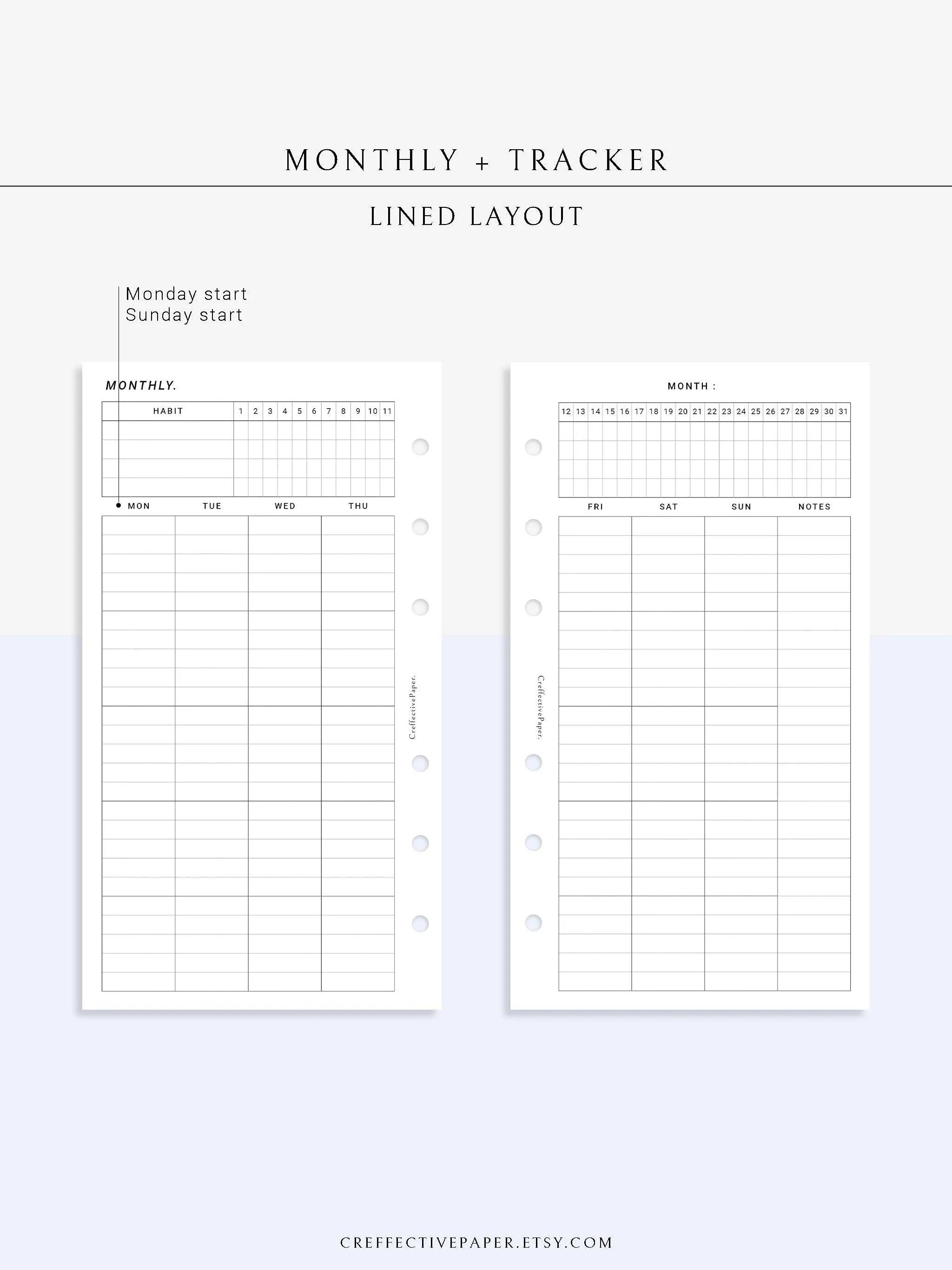 M106_L | Monthly Planner with 31 Days Habit Tracker Printable Inserts