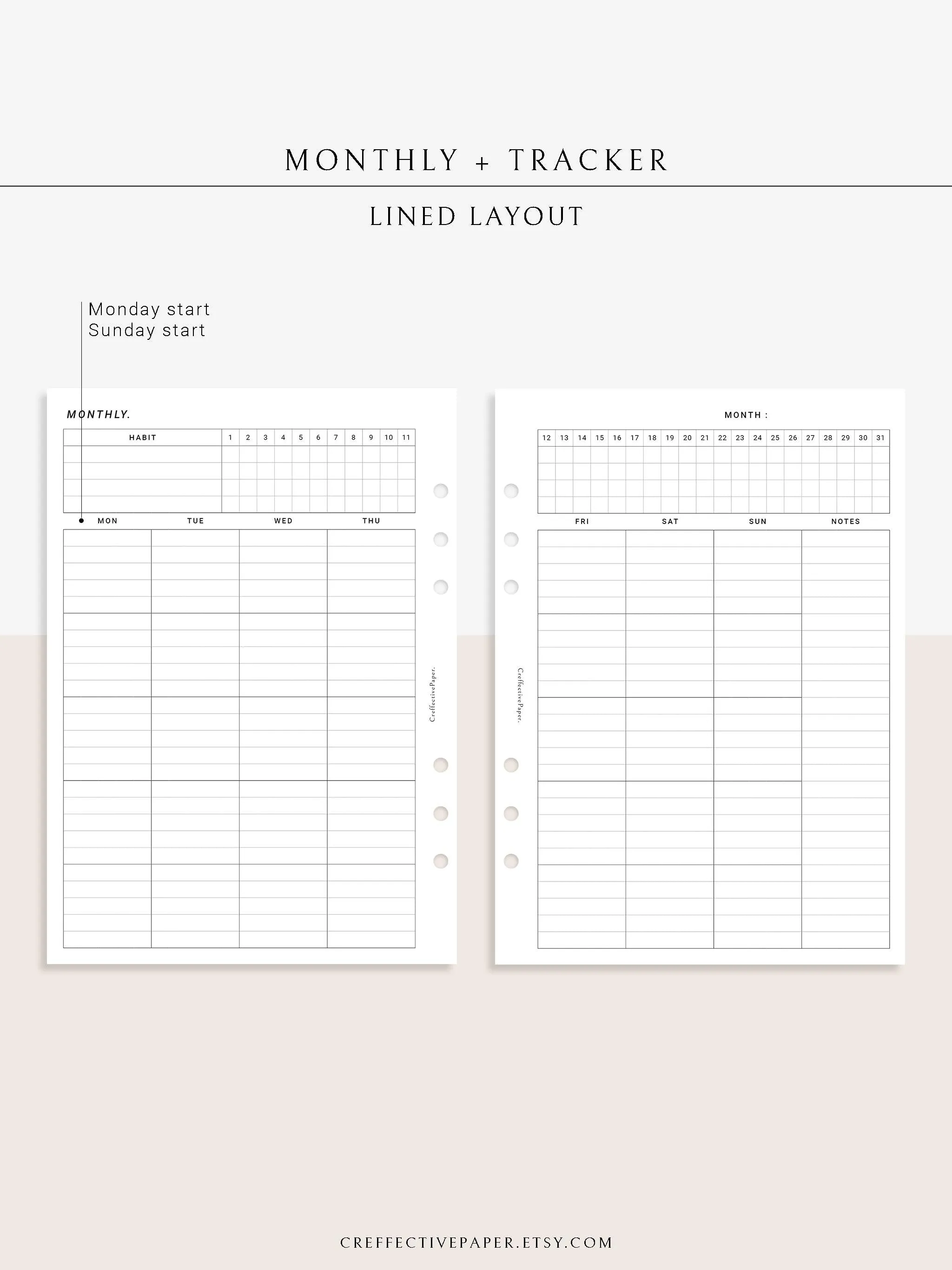 M106_L | Monthly Planner with 31 Days Habit Tracker Printable Inserts