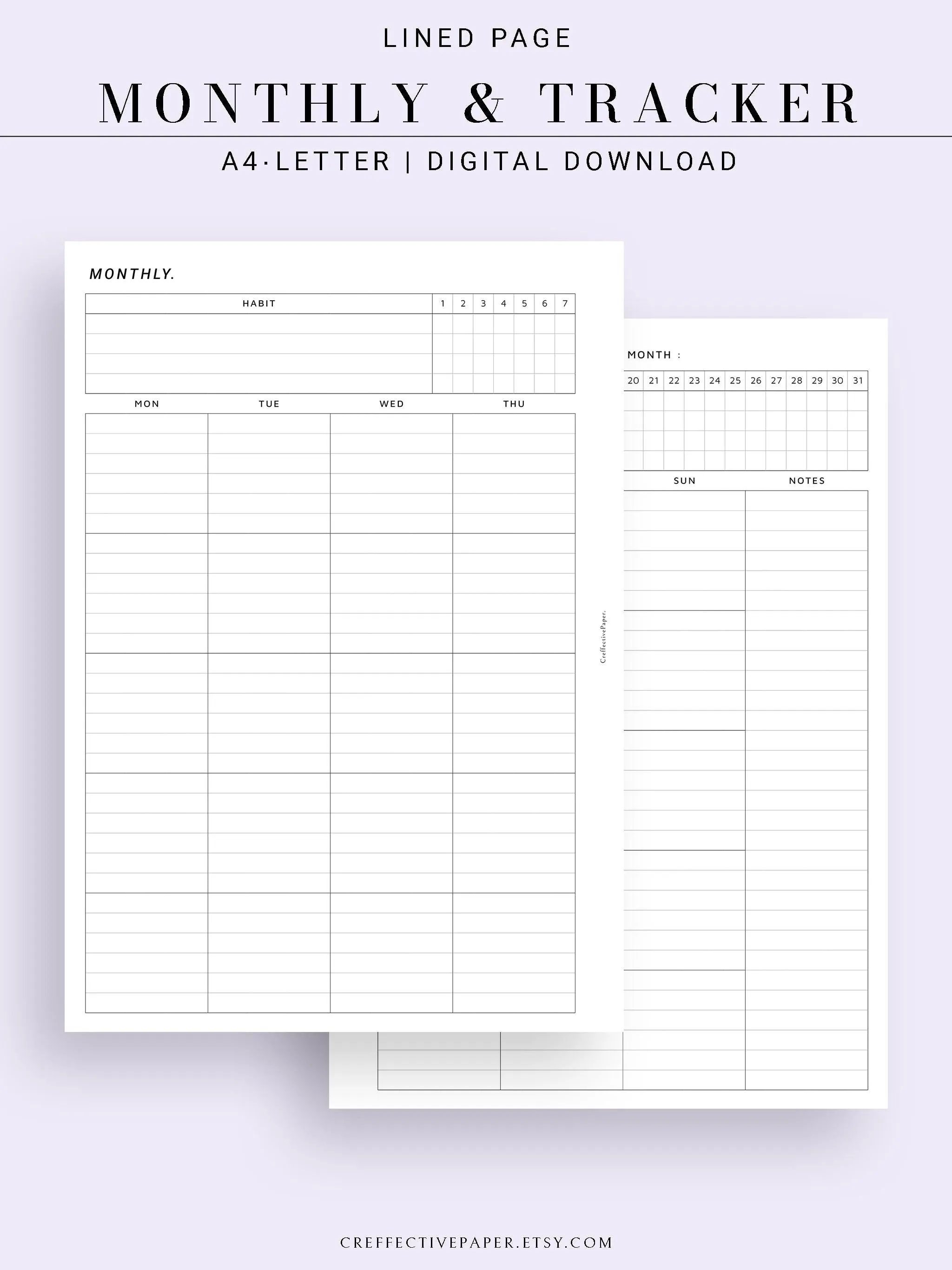 M106_L | Monthly Planner with 31 Days Habit Tracker Printable Inserts