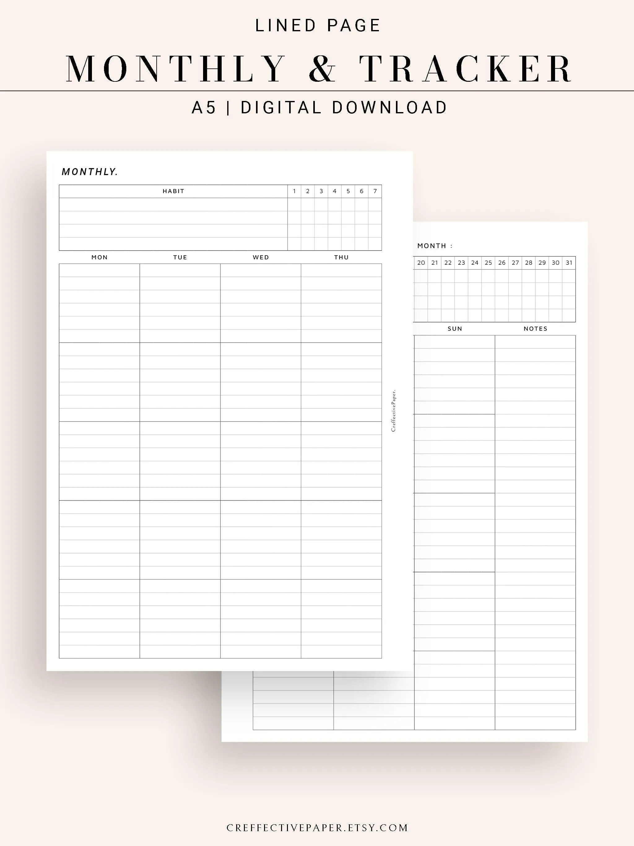 M106_L | Monthly Planner with 31 Days Habit Tracker Printable Inserts